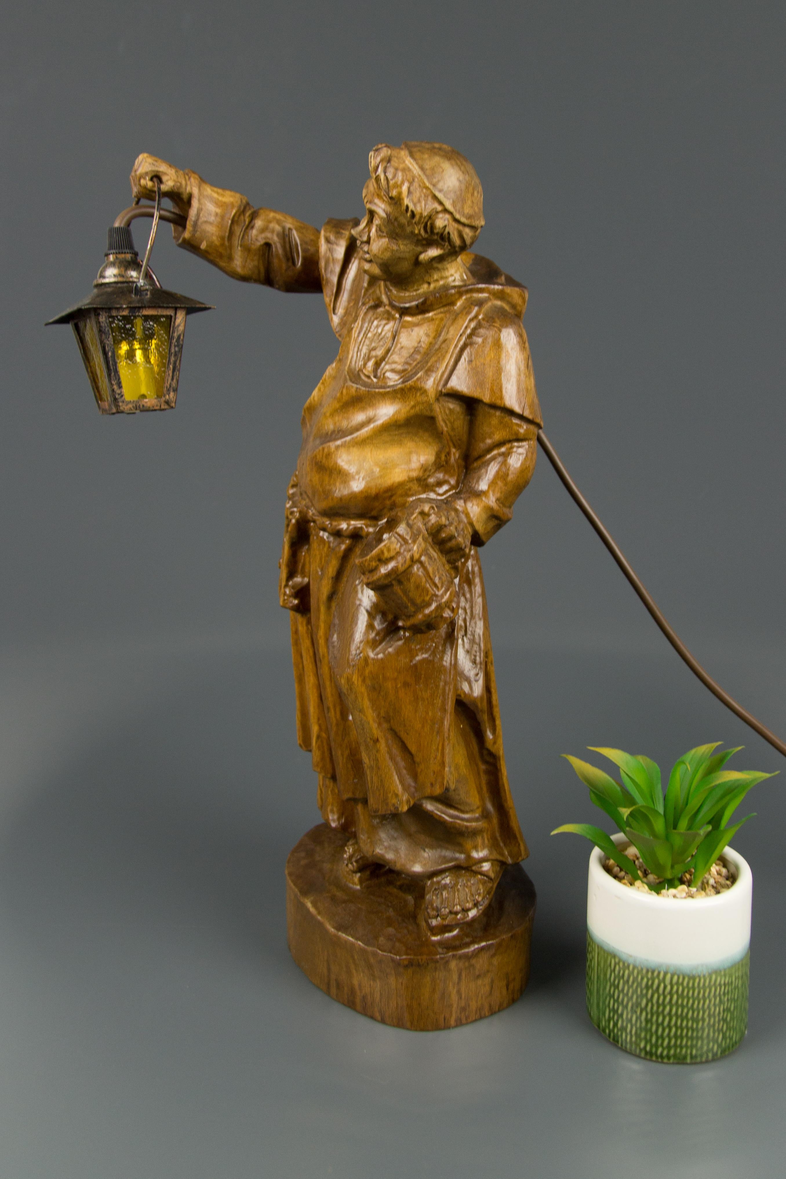 German Hand Carved Wooden Sculpture Figurative Lamp Monk with Lantern 1