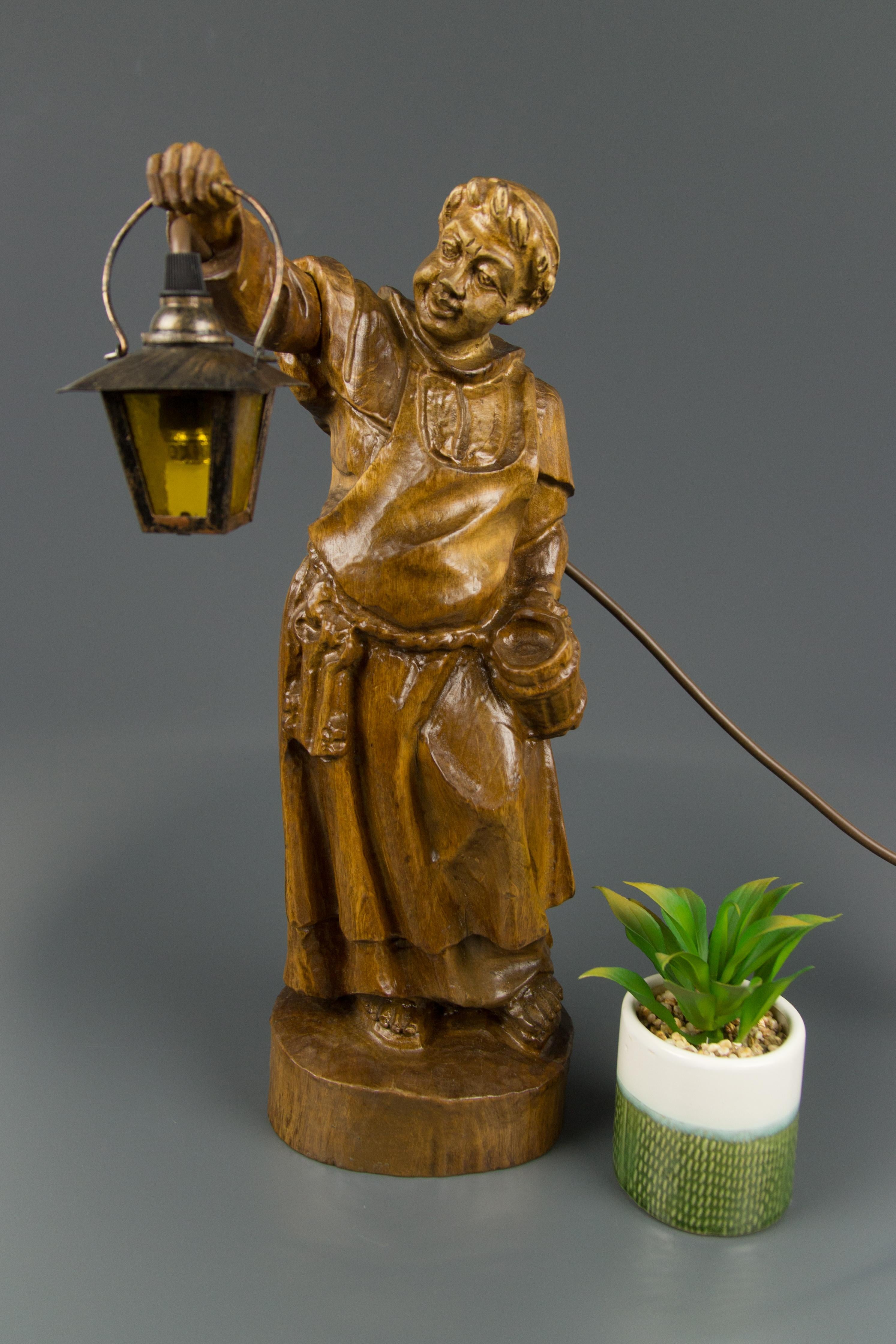 German Hand Carved Wooden Sculpture Figurative Lamp Monk with Lantern 2