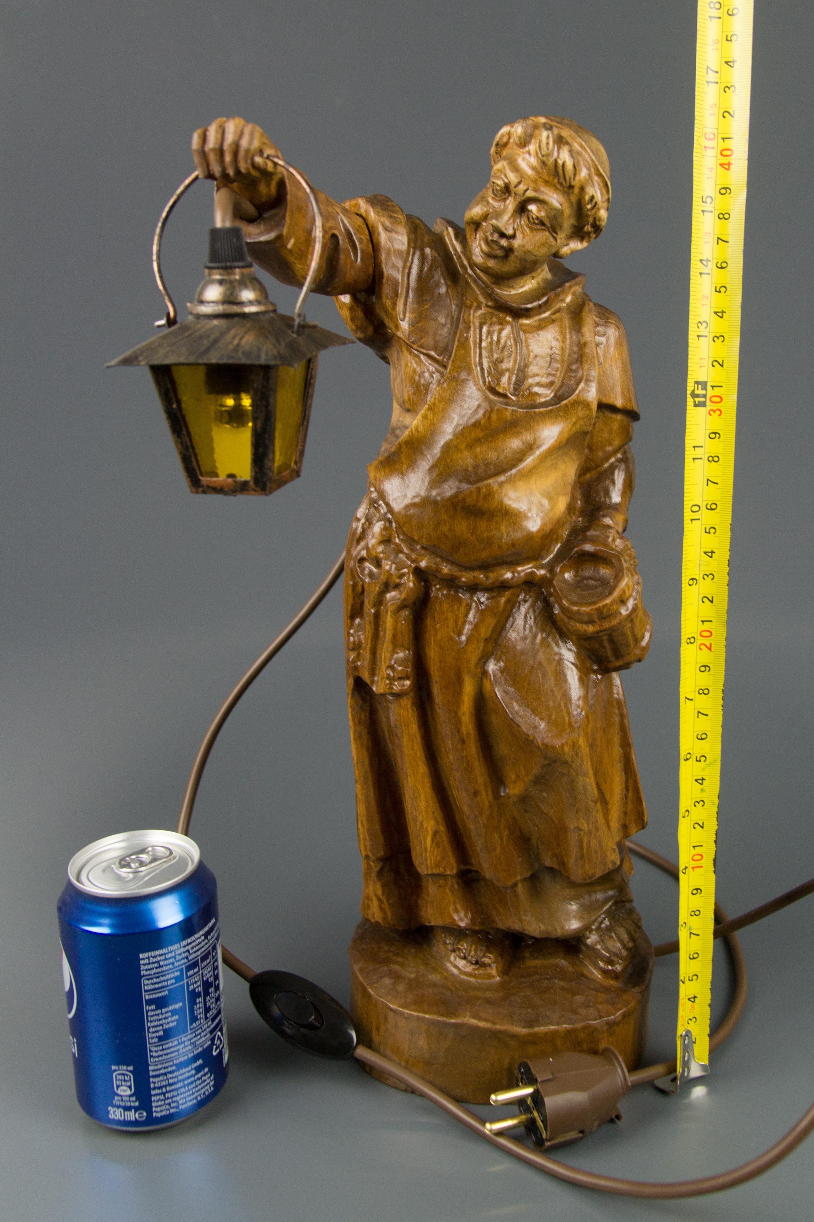 German Hand Carved Wooden Sculpture Figurative Lamp Monk with Lantern 4