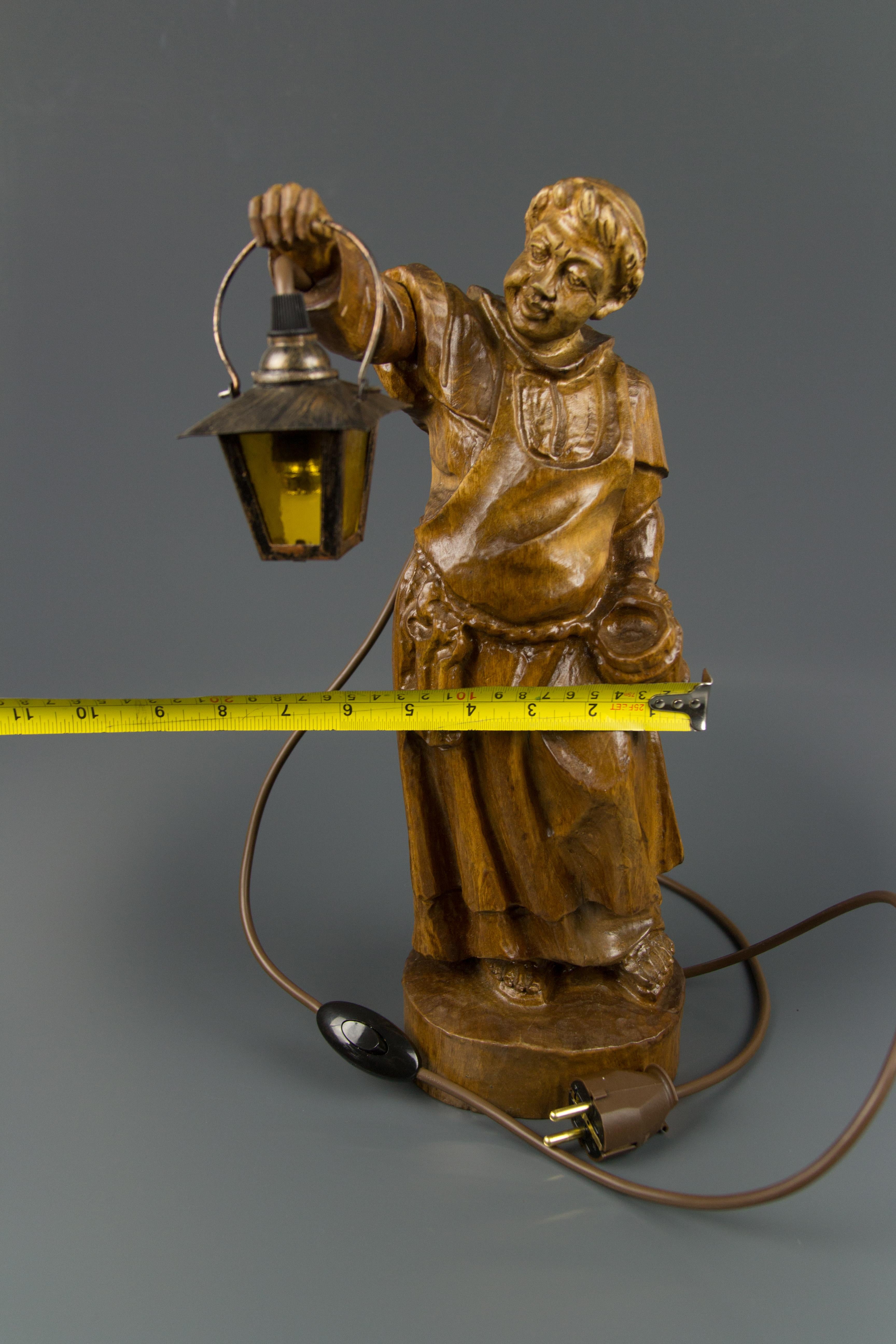 German Hand Carved Wooden Sculpture Figurative Lamp Monk with Lantern 5