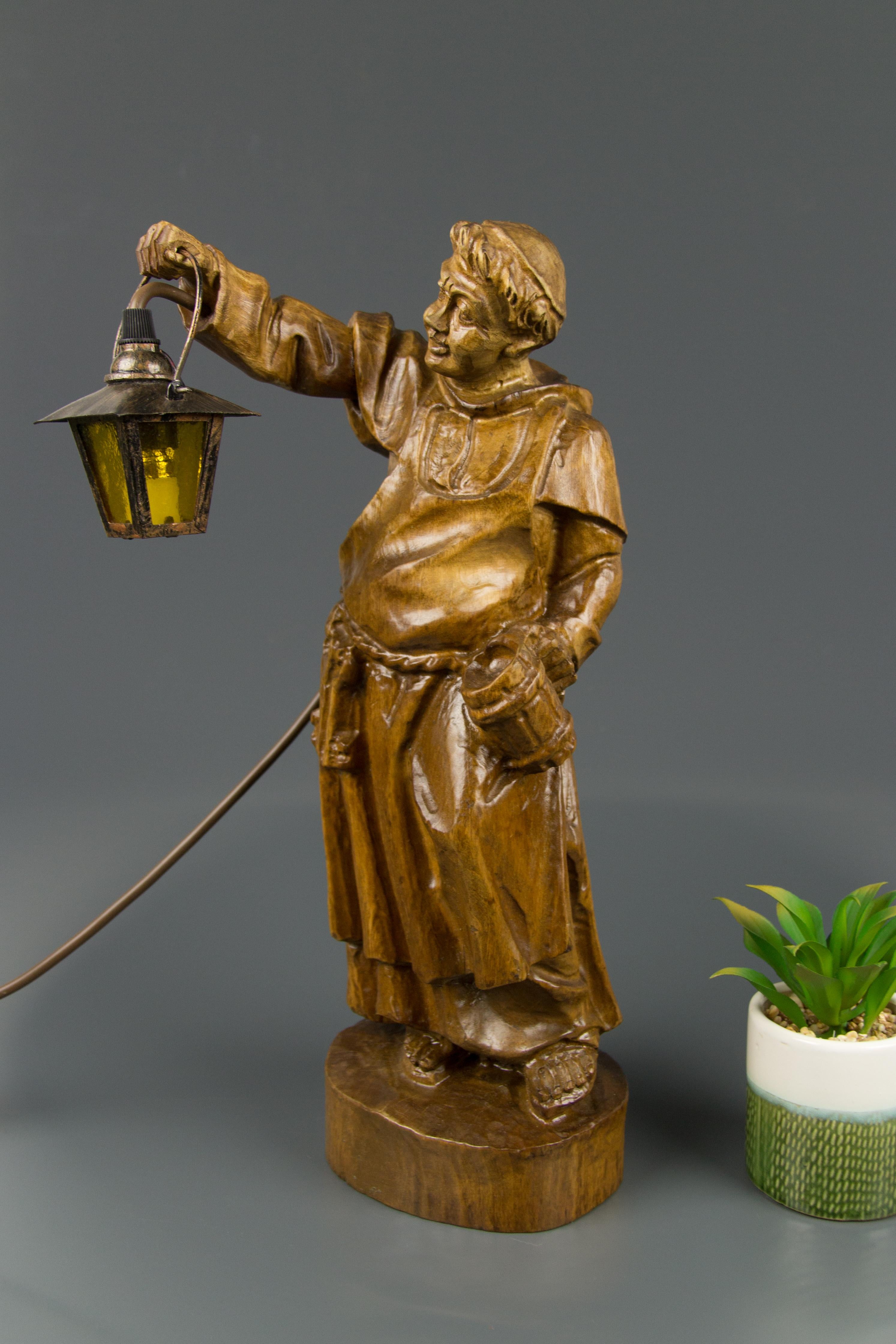 German Hand Carved Wooden Sculpture Figurative Lamp Monk with Lantern 7