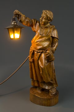 German Hand Carved Wooden Sculpture Figurative Lamp Monk with Lantern