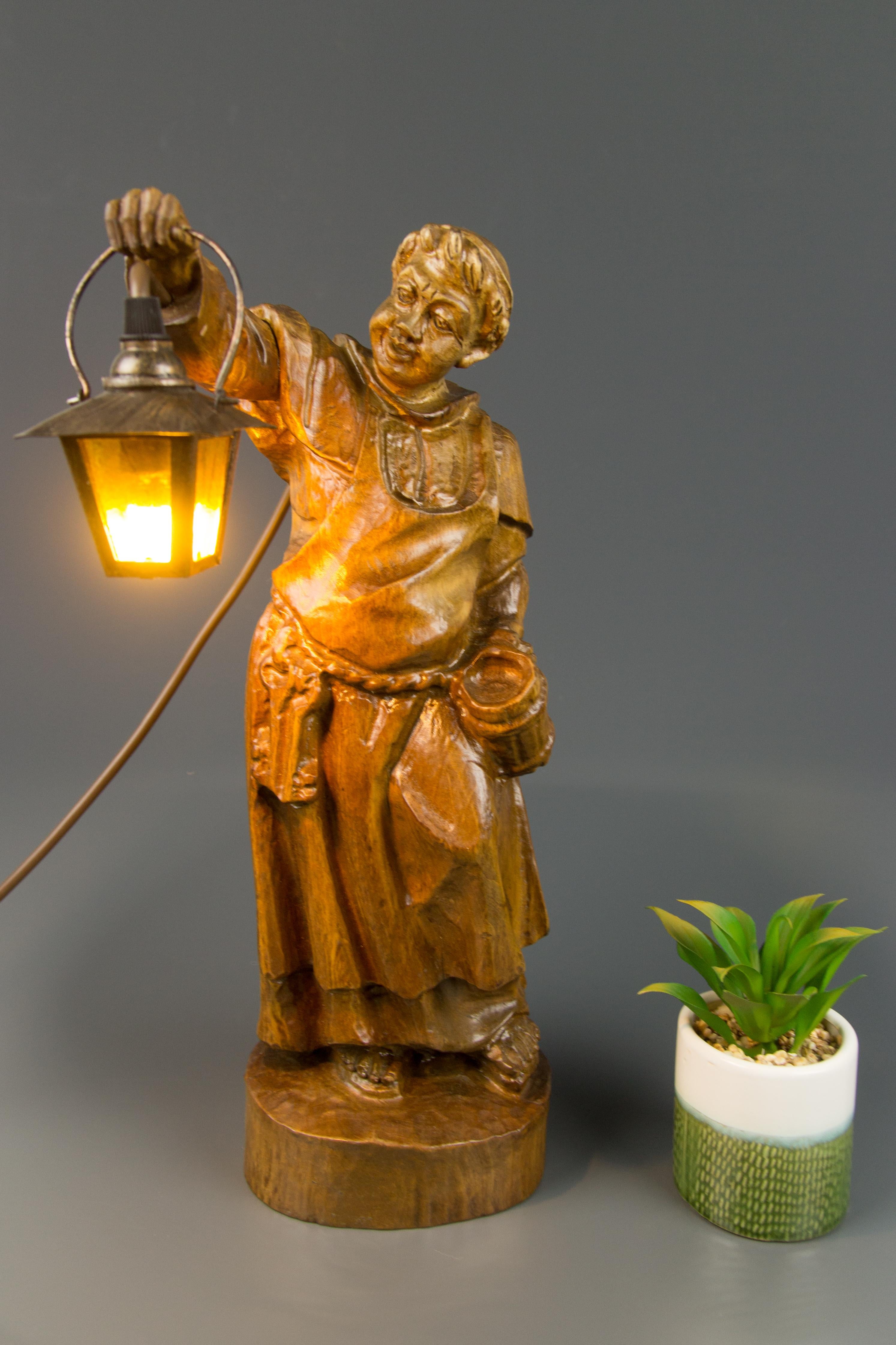Folk Art German Hand Carved Wooden Sculpture Figurative Lamp Monk with Lantern