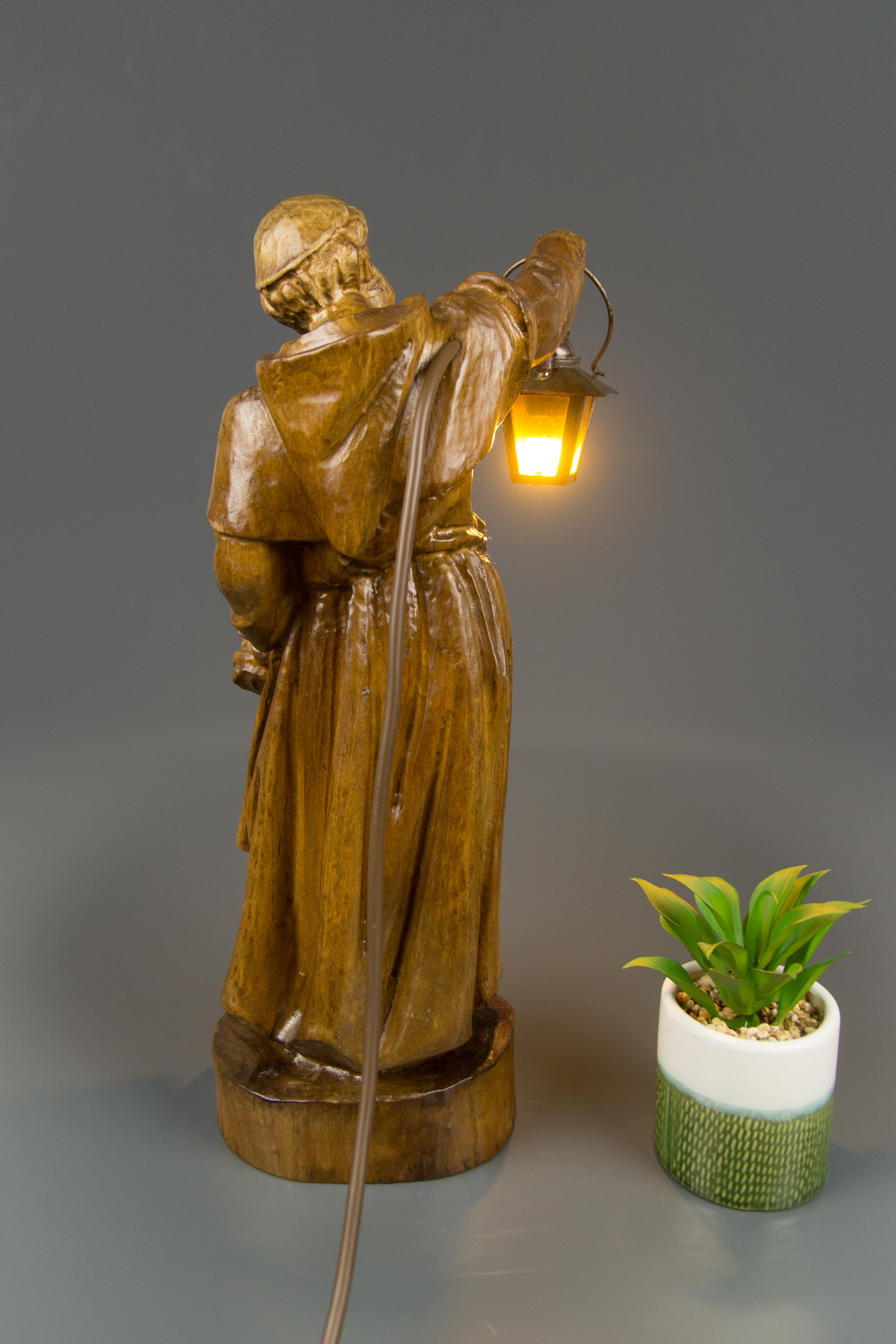 20th Century German Hand Carved Wooden Sculpture Figurative Lamp Monk with Lantern