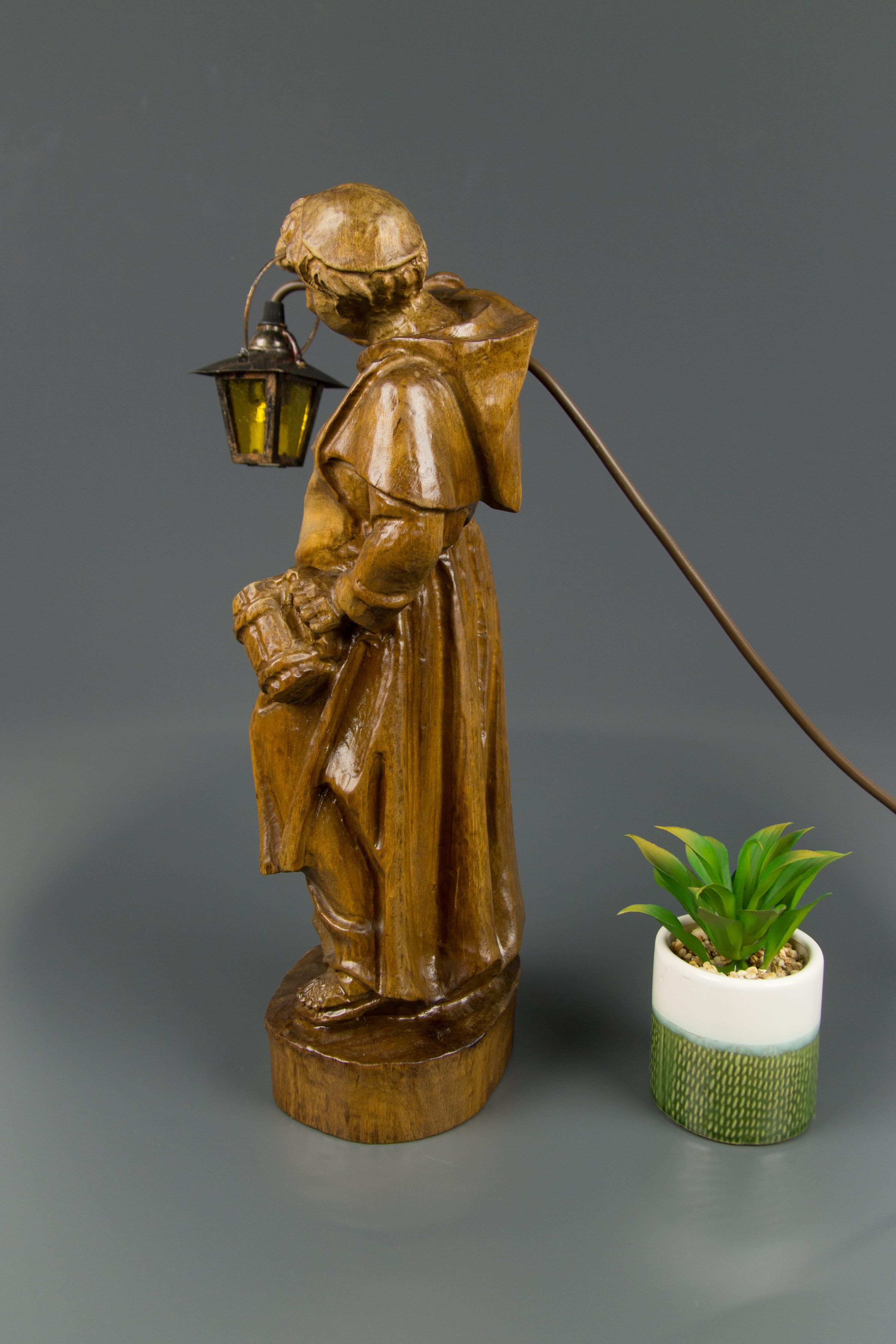 Metal German Hand Carved Wooden Sculpture Figurative Lamp Monk with Lantern