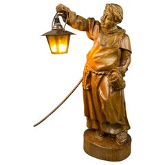 Vintage German Hand Carved Wooden Sculpture Figurative Lamp Monk with Lantern