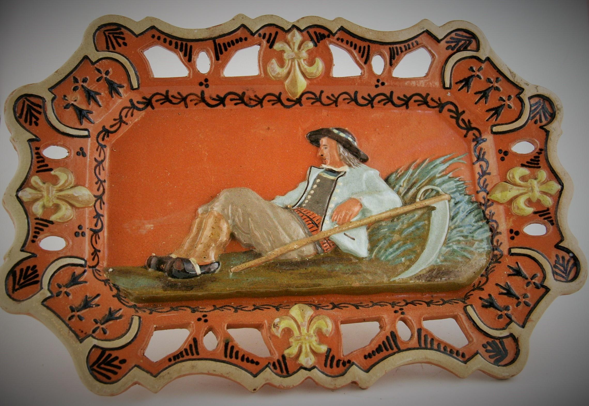 8-242 German hand painted ceramic figural country wall plaque
Old makers mark on back.