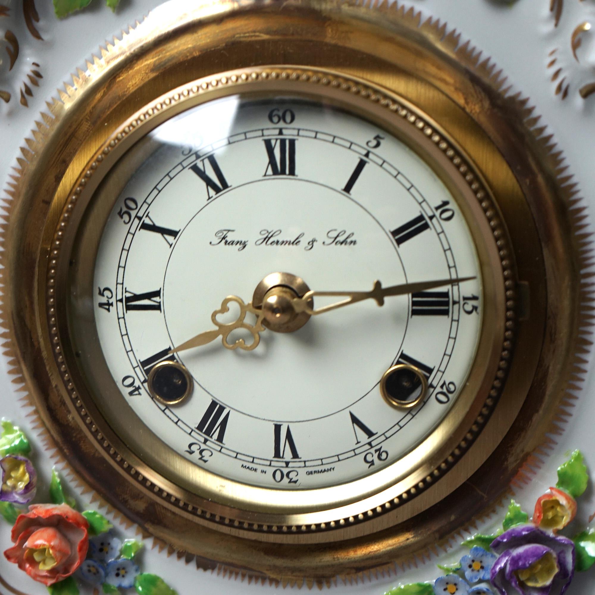 German Hand Painted & Gilt Porcelain Mantle Clock, 20th Century In Good Condition In Big Flats, NY