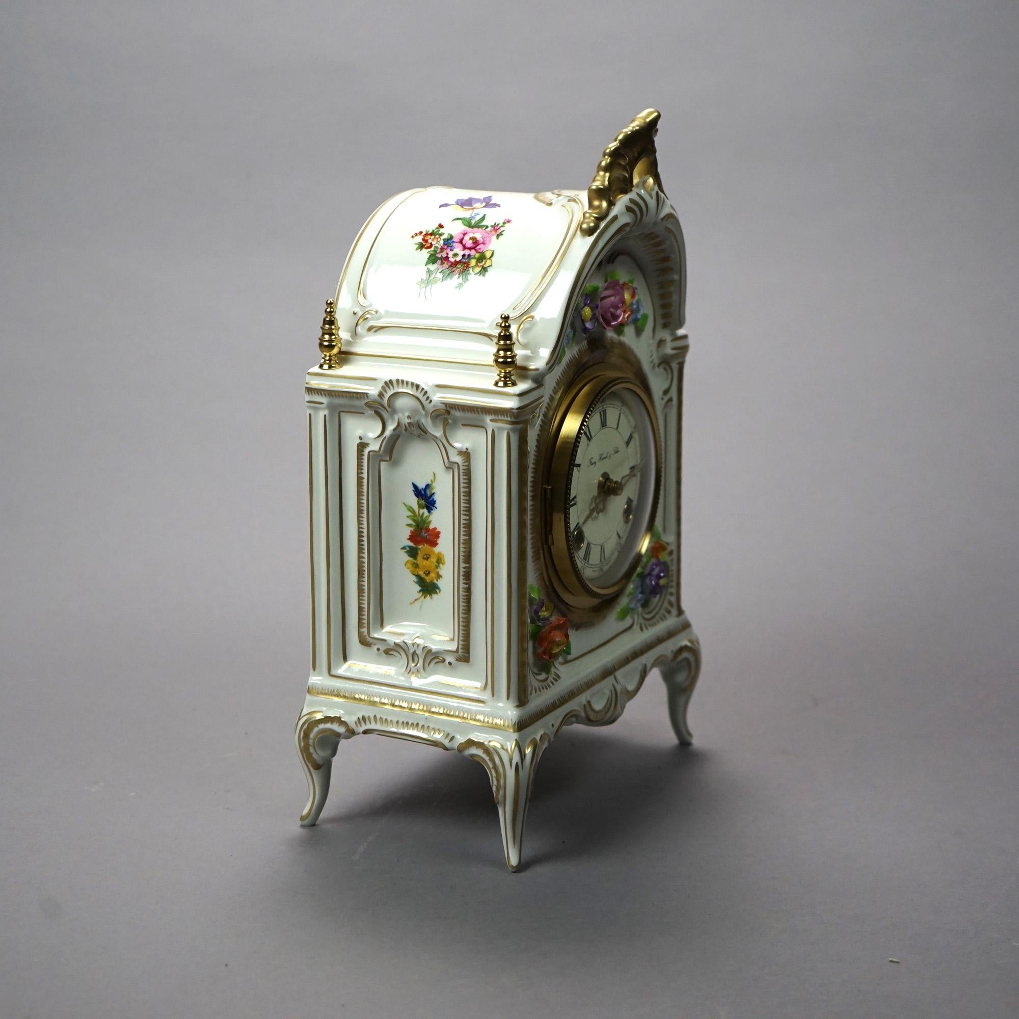 German Hand Painted & Gilt Porcelain Mantle Clock, 20th Century 4