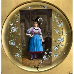German Hand Painted Porcelain Plaque of a Young Bavarian Woman, Framed