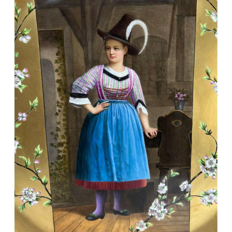 Hand-Painted German Hand Painted Porcelain Plaque of a Young Bavarian Woman, Framed For Sale