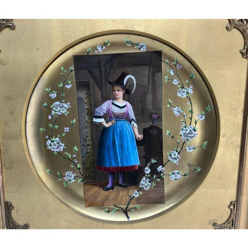 German Hand Painted Porcelain Plaque of a Young Bavarian Woman, Framed In Good Condition For Sale In Gardena, CA