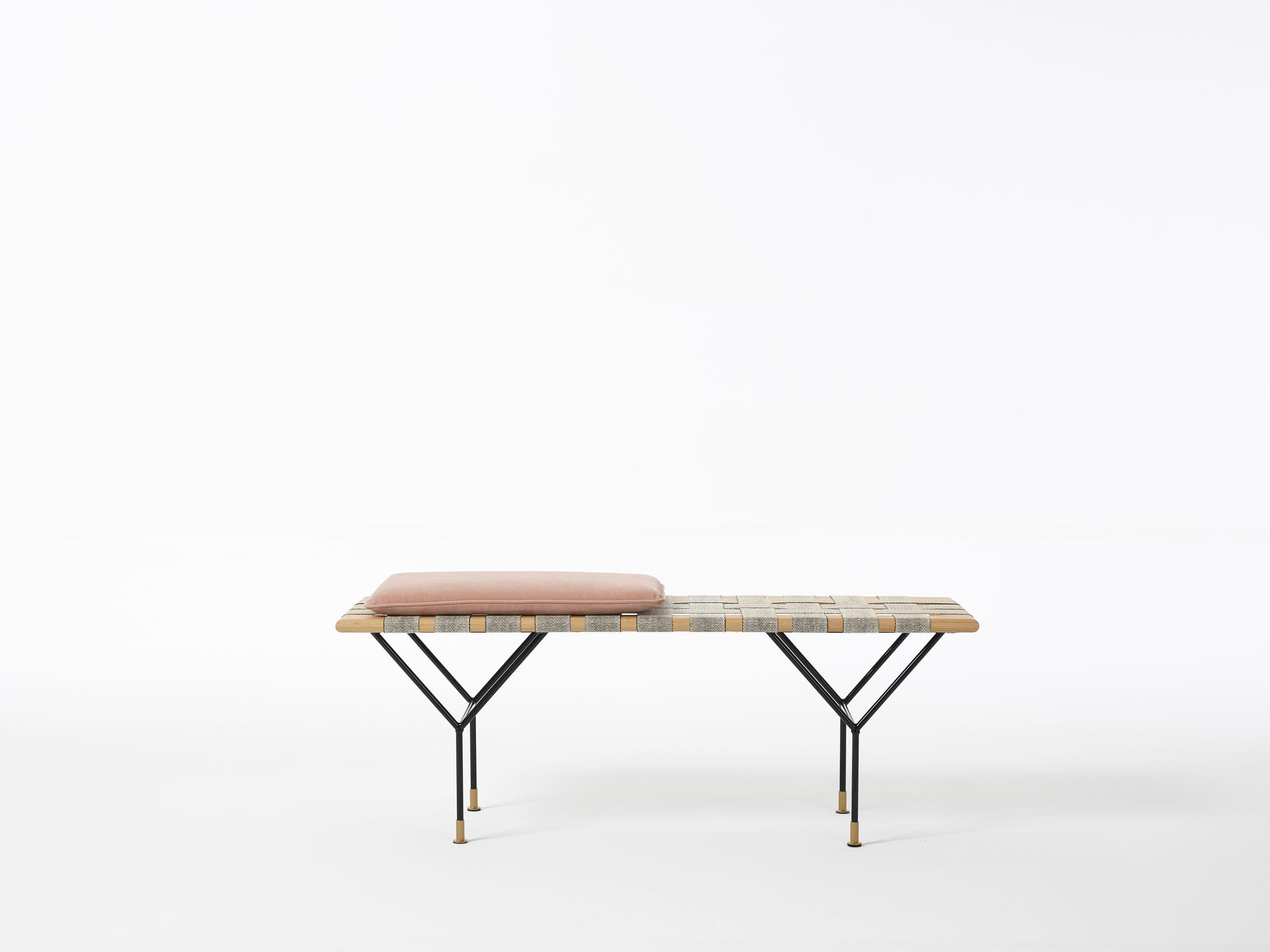 German Handmade Bench Made of Oak, Coated Steel and Handwoven Jute Belts For Sale 4
