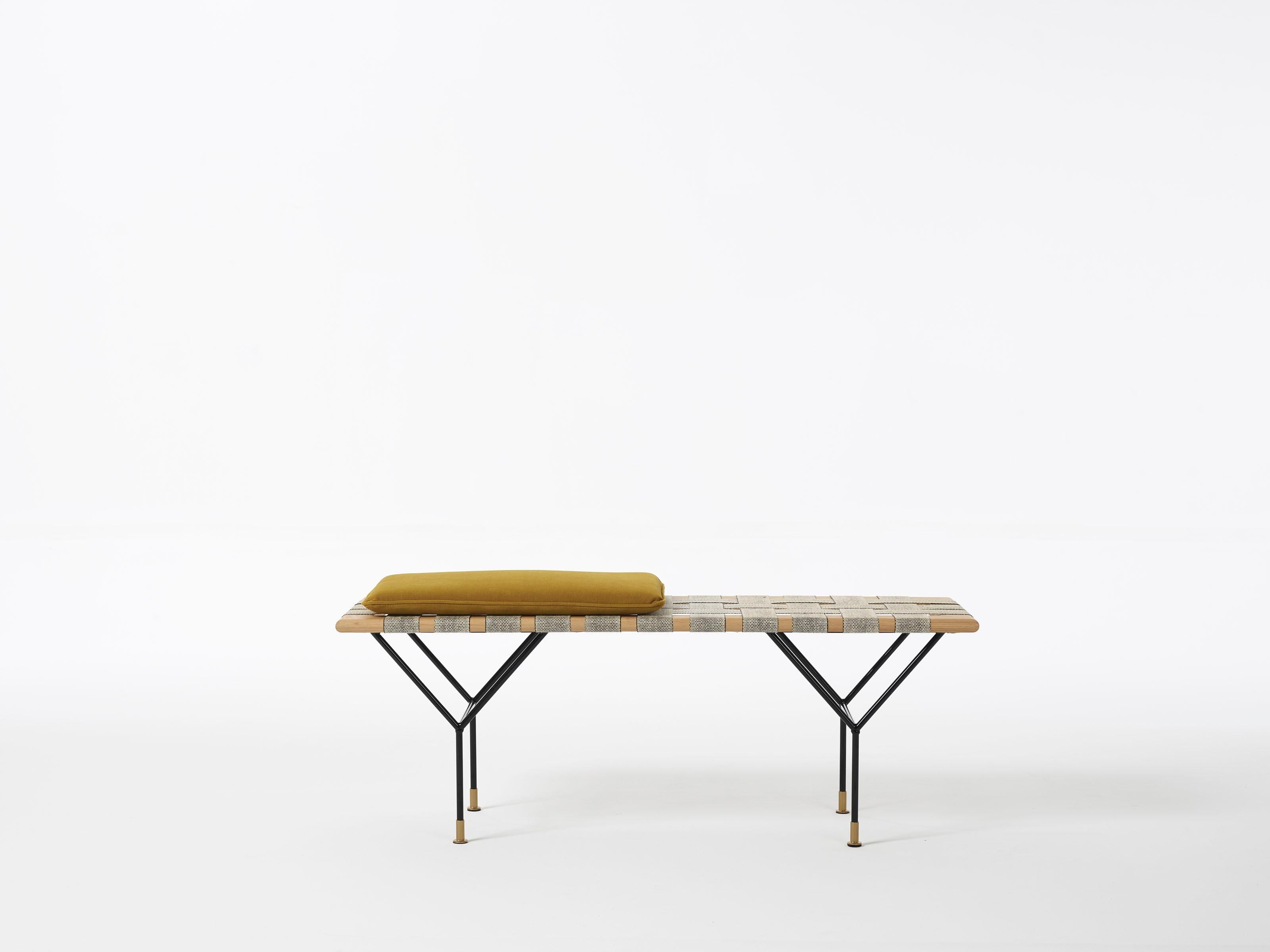 German Handmade Bench Made of Oak, Coated Steel and Handwoven Jute Belts For Sale 5