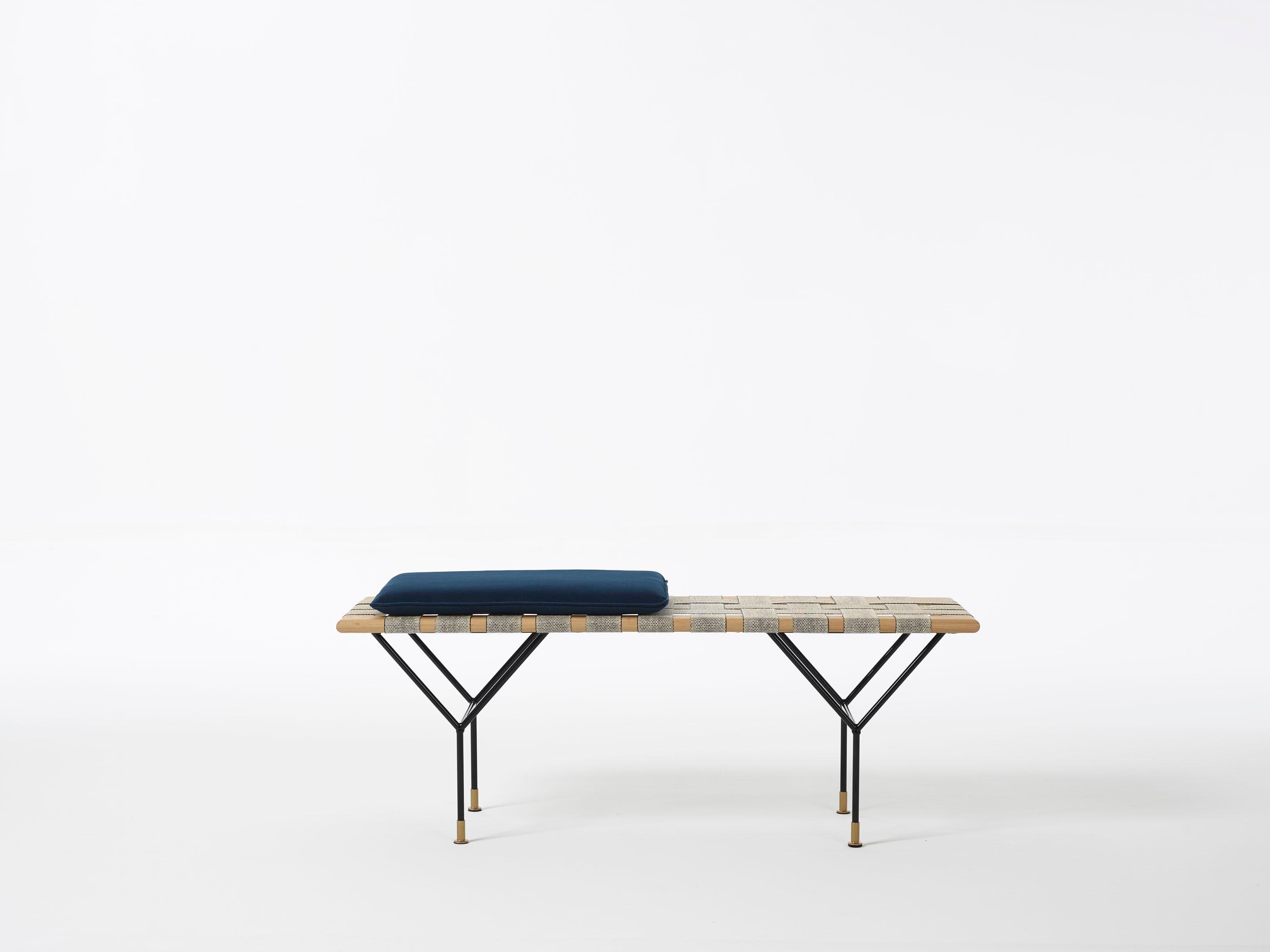 German Handmade Bench Made of Oak, Coated Steel and Handwoven Jute Belts For Sale 6