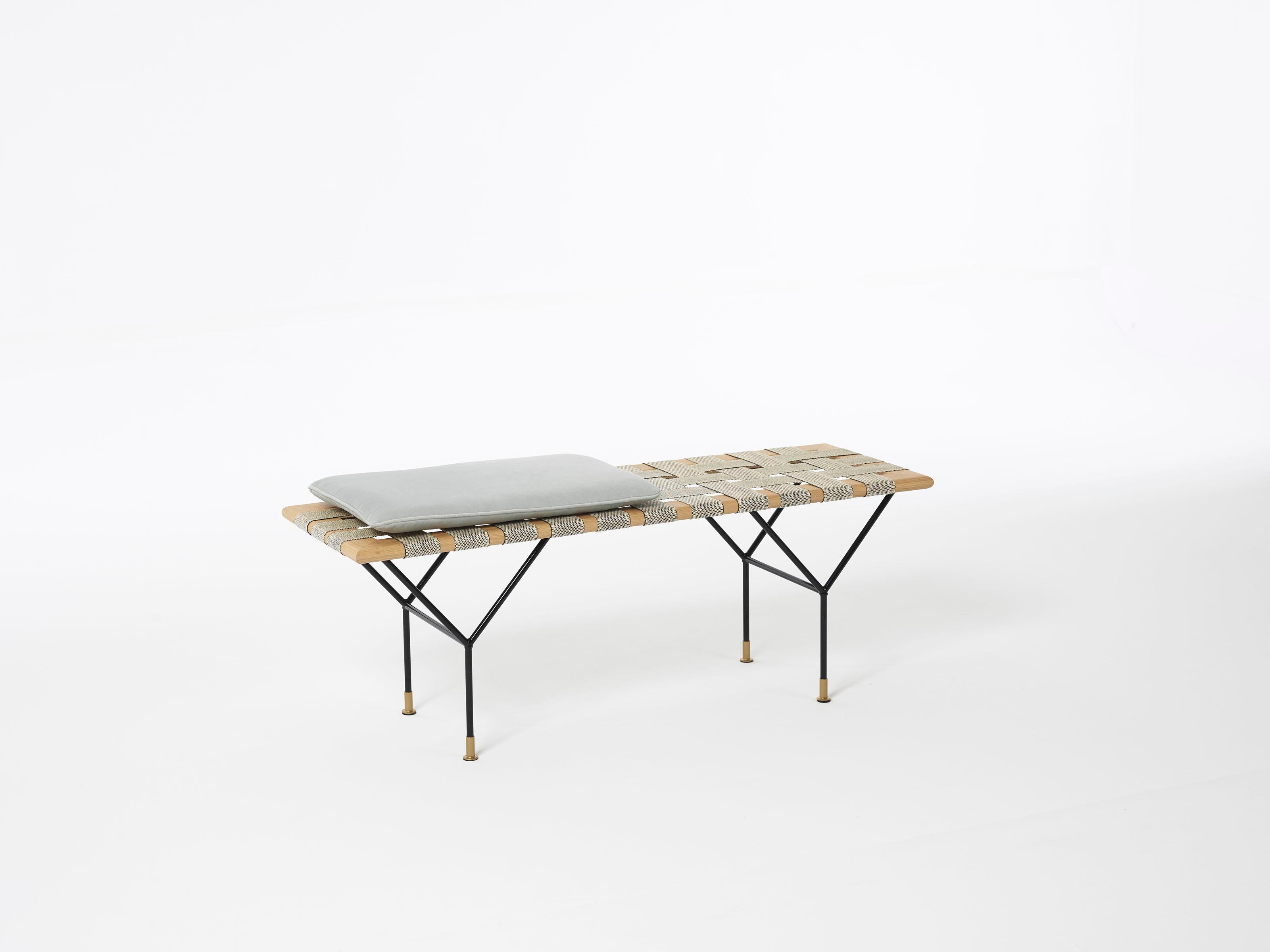 German Handmade Bench Made of Oak, Coated Steel and Handwoven Jute Belts For Sale 7