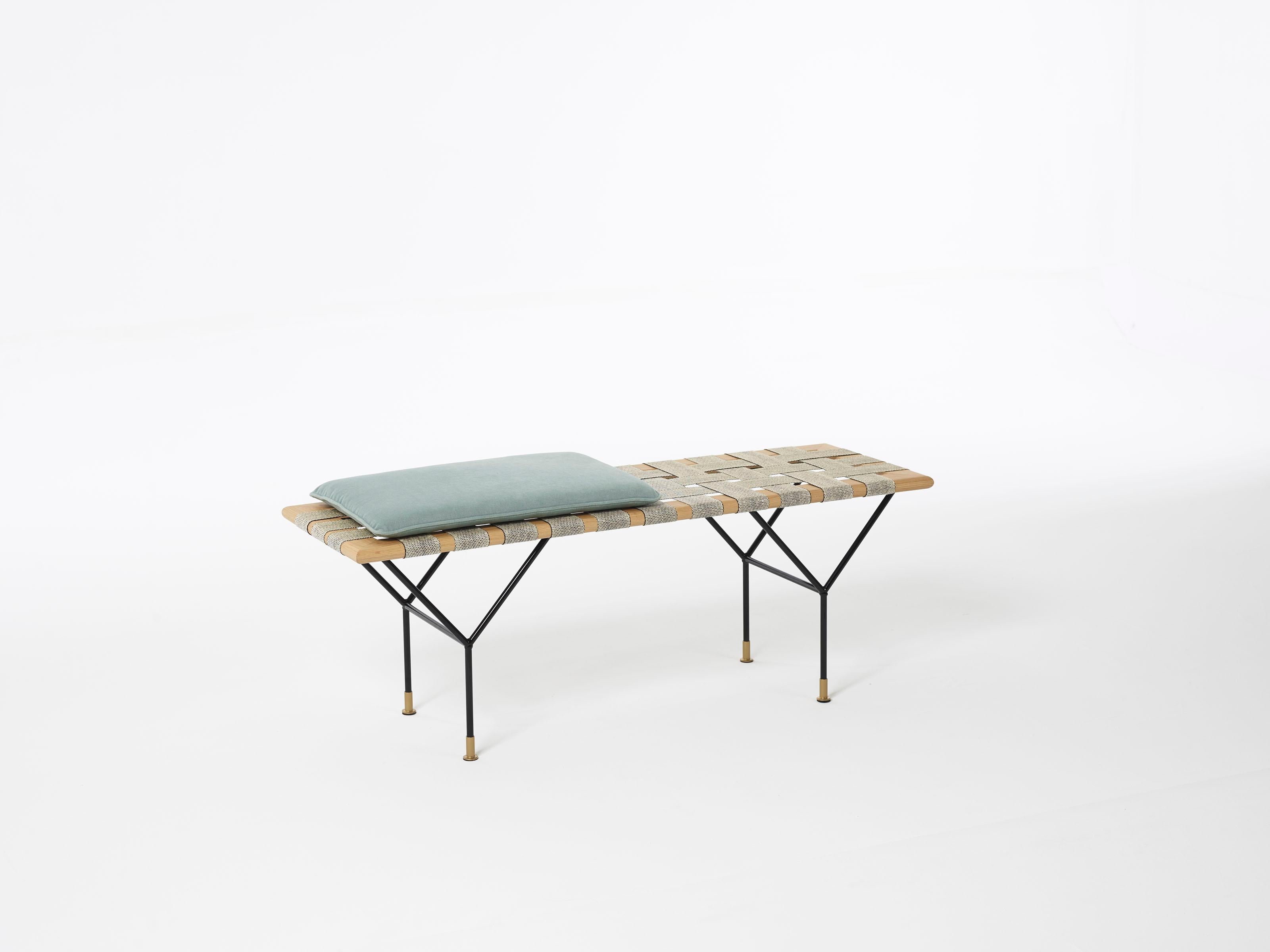 German Handmade Bench Made of Oak, Coated Steel and Handwoven Jute Belts For Sale 8