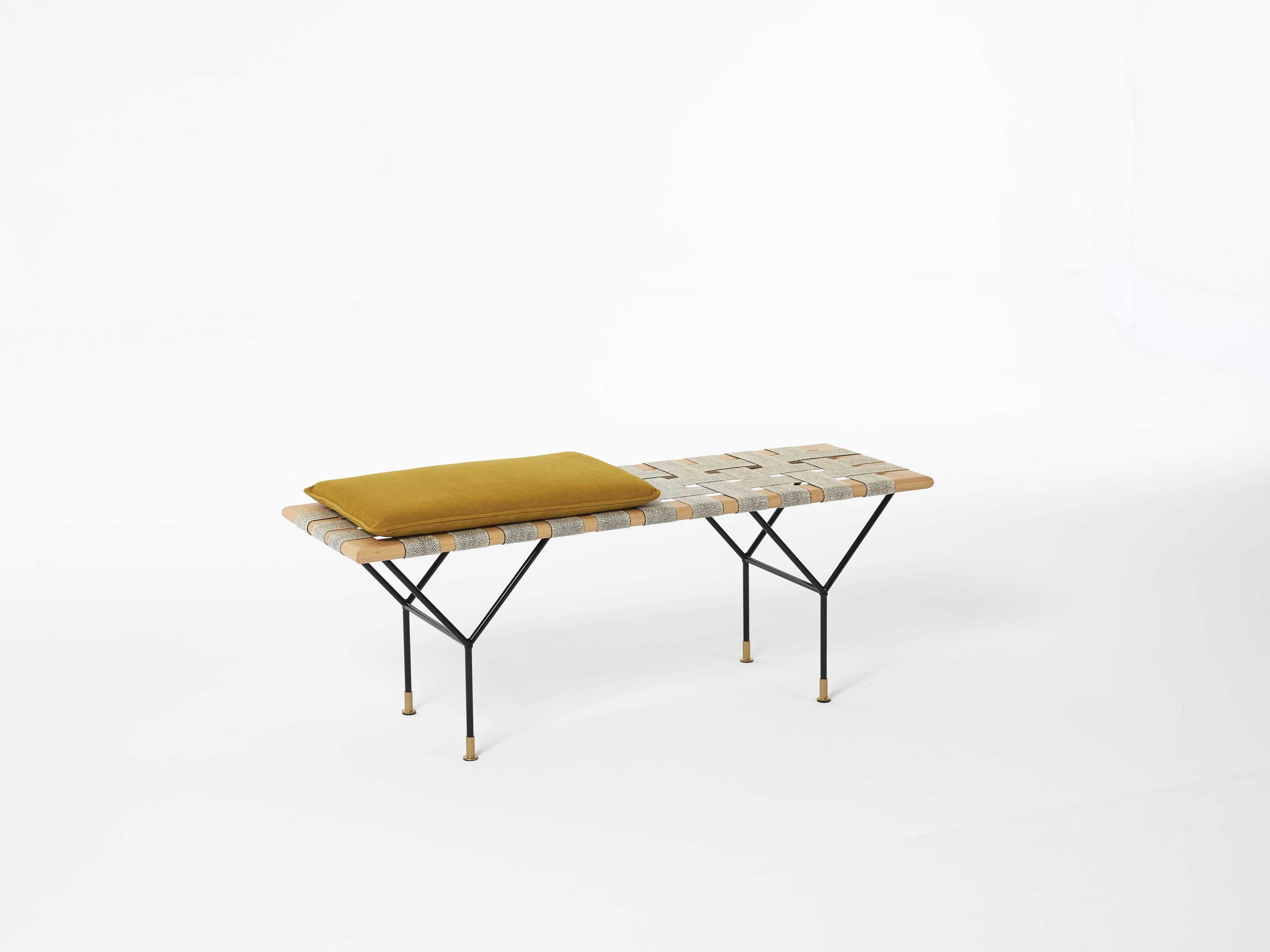 German Handmade Bench Made of Oak, Coated Steel and Handwoven Jute Belts For Sale 9