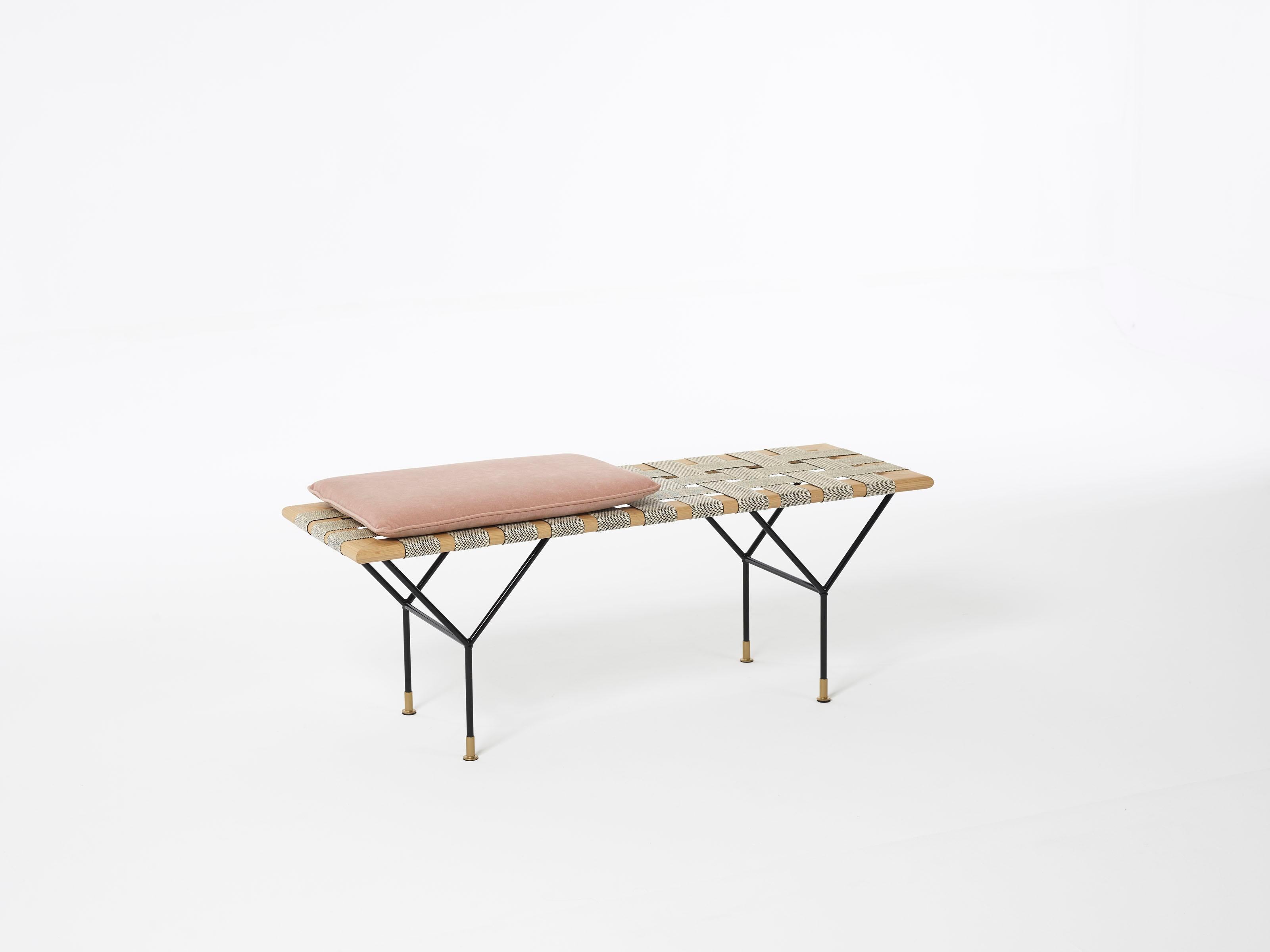 German Handmade Bench Made of Oak, Coated Steel and Handwoven Jute Belts For Sale 10
