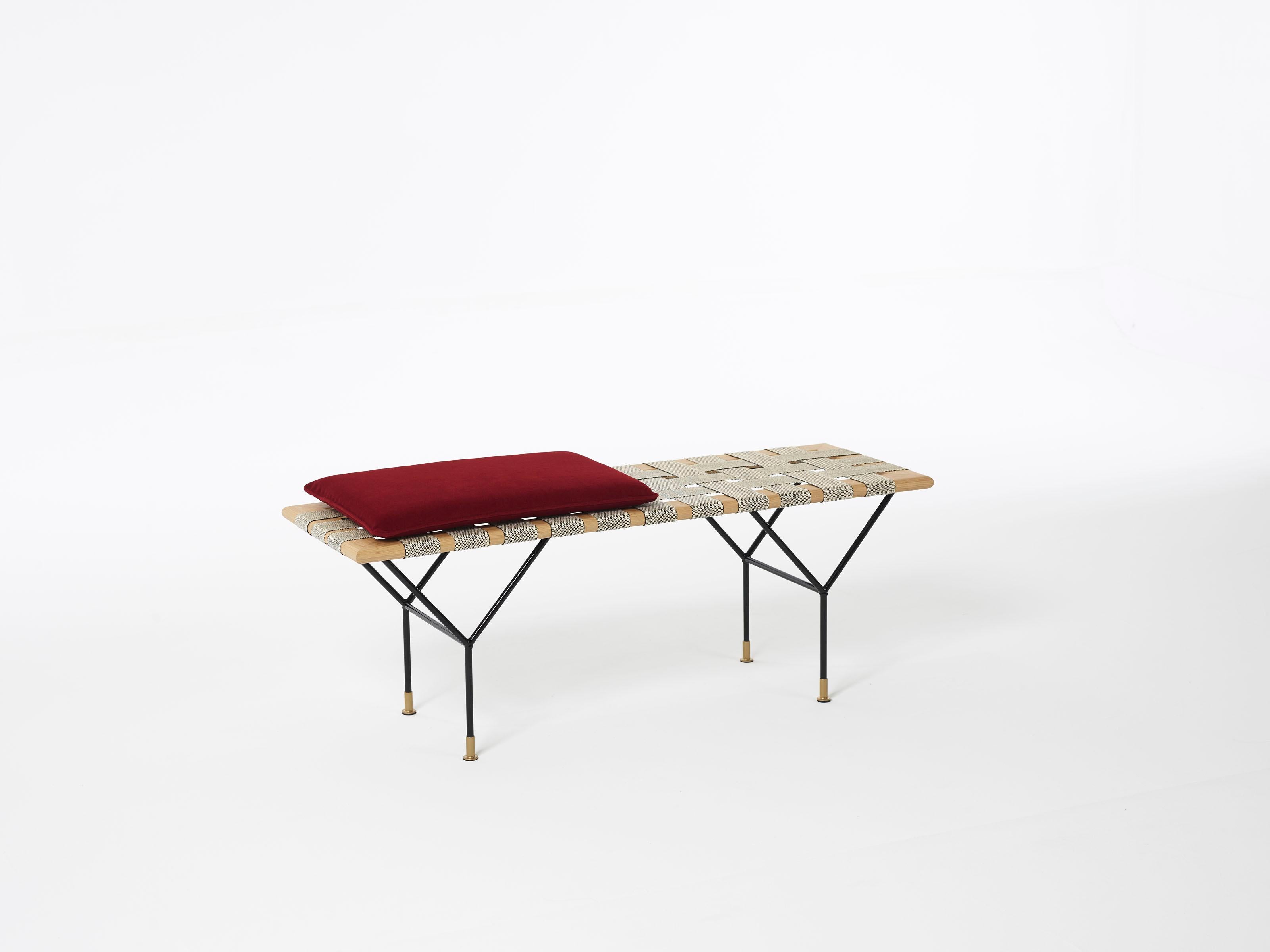 German Handmade Bench Made of Oak, Coated Steel and Handwoven Jute Belts For Sale 11
