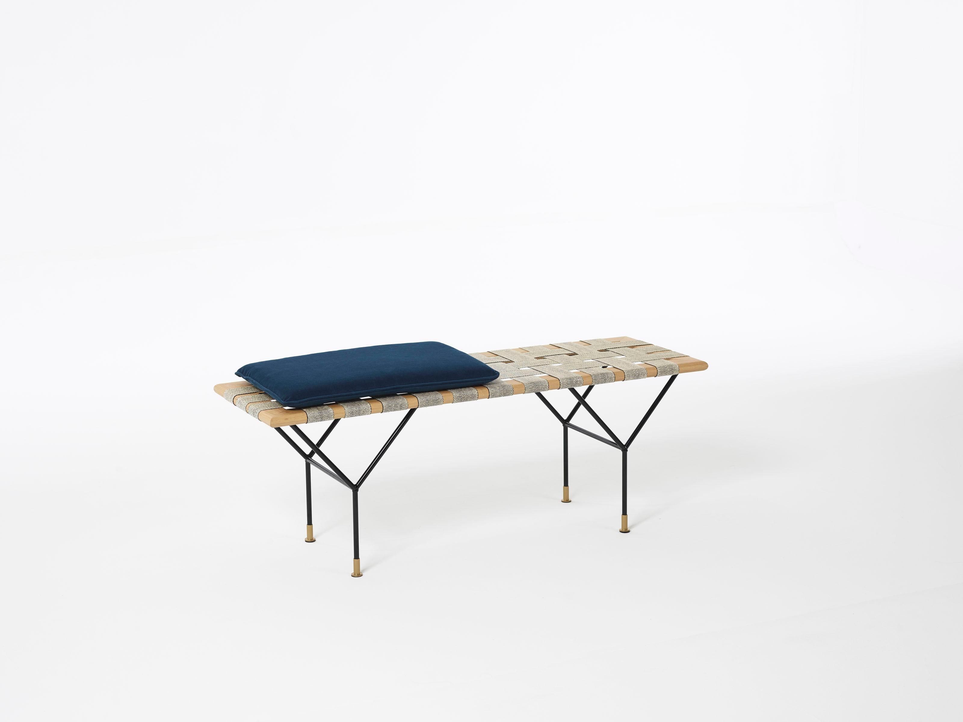 German Handmade Bench Made of Oak, Coated Steel and Handwoven Jute Belts For Sale 12