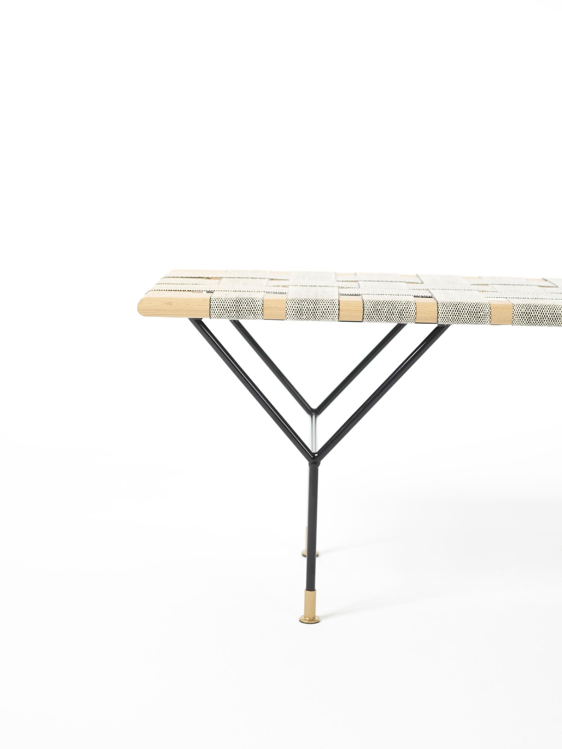 Mid-Century Modern German Handmade Bench Made of Oak, Coated Steel and Handwoven Jute Belts For Sale