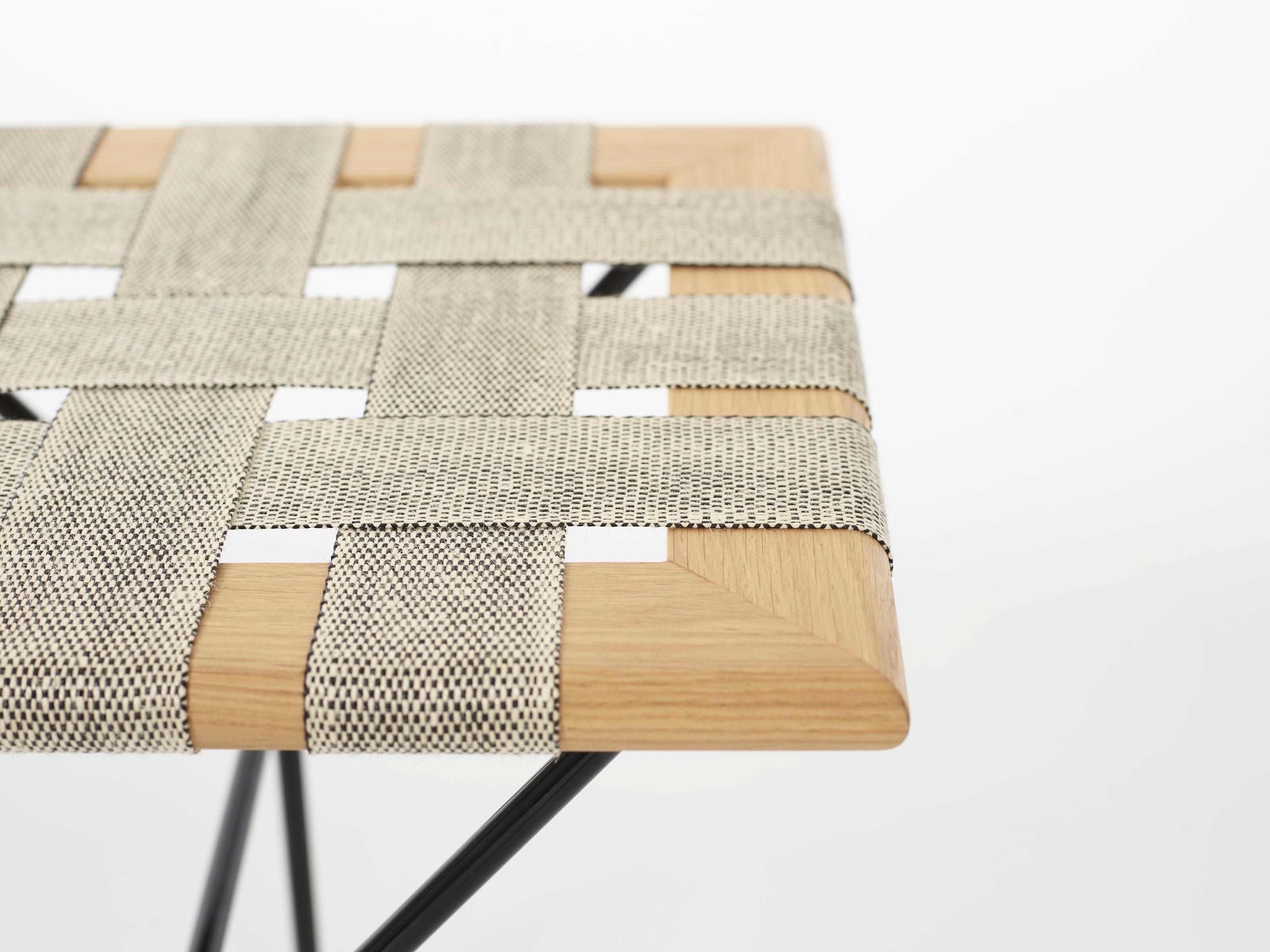 Lacquered German Handmade Bench Made of Oak, Coated Steel and Handwoven Jute Belts For Sale
