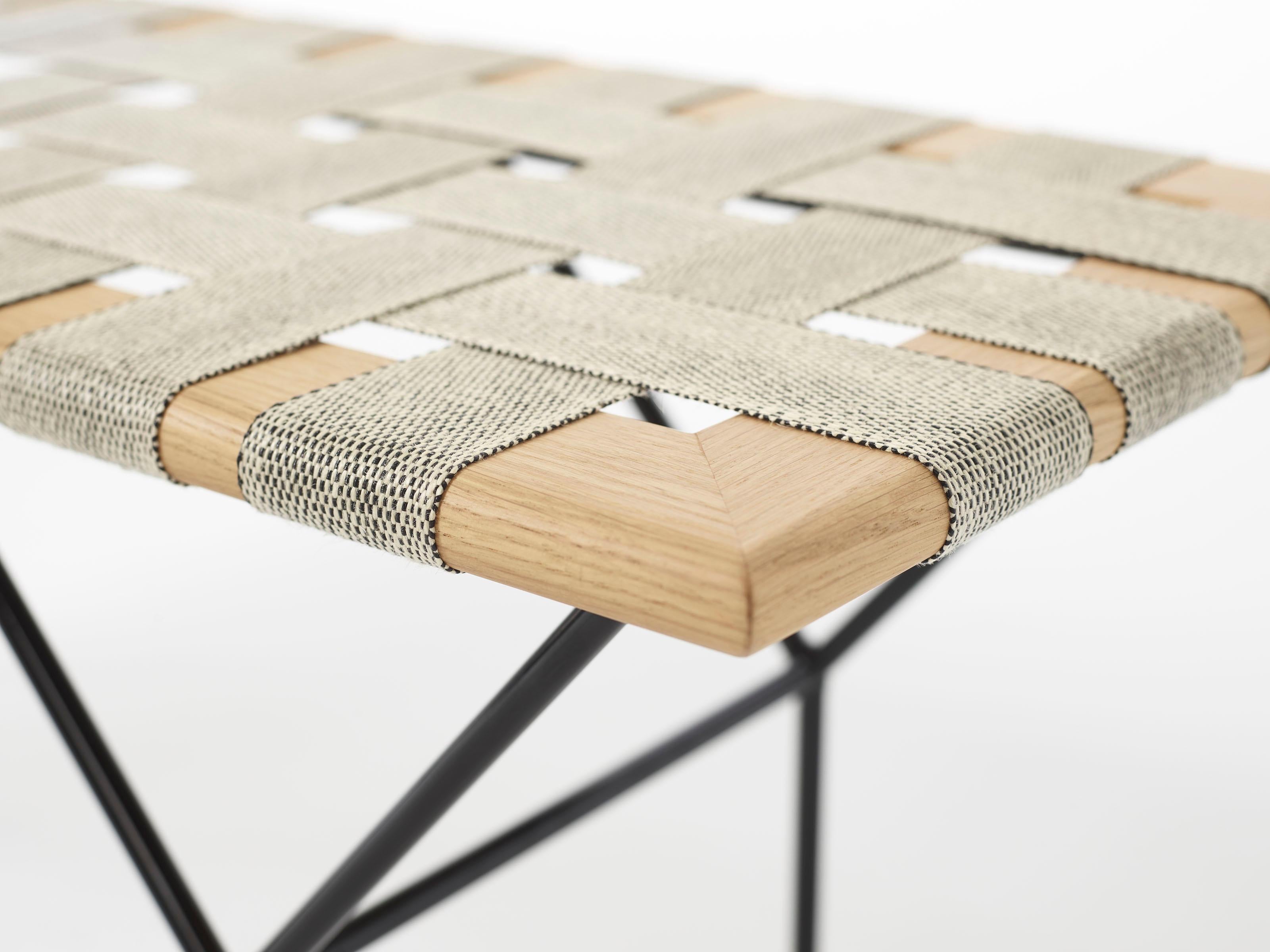 Contemporary German Handmade Bench Made of Oak, Coated Steel and Handwoven Jute Belts For Sale