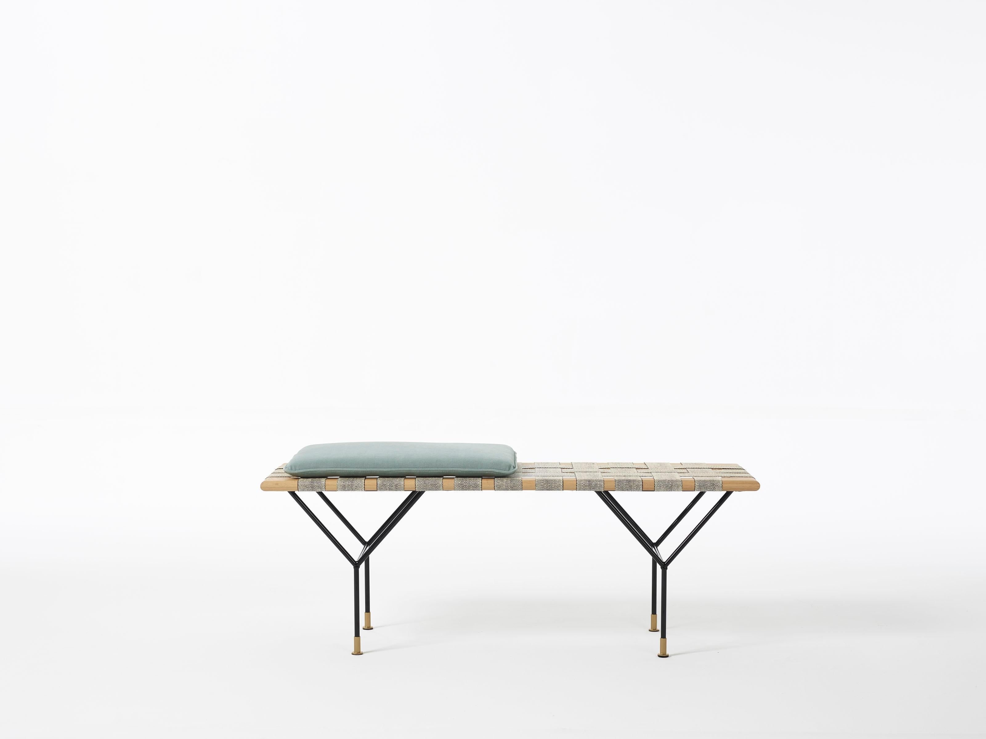 German Handmade Bench Made of Oak, Coated Steel and Handwoven Jute Belts For Sale 3
