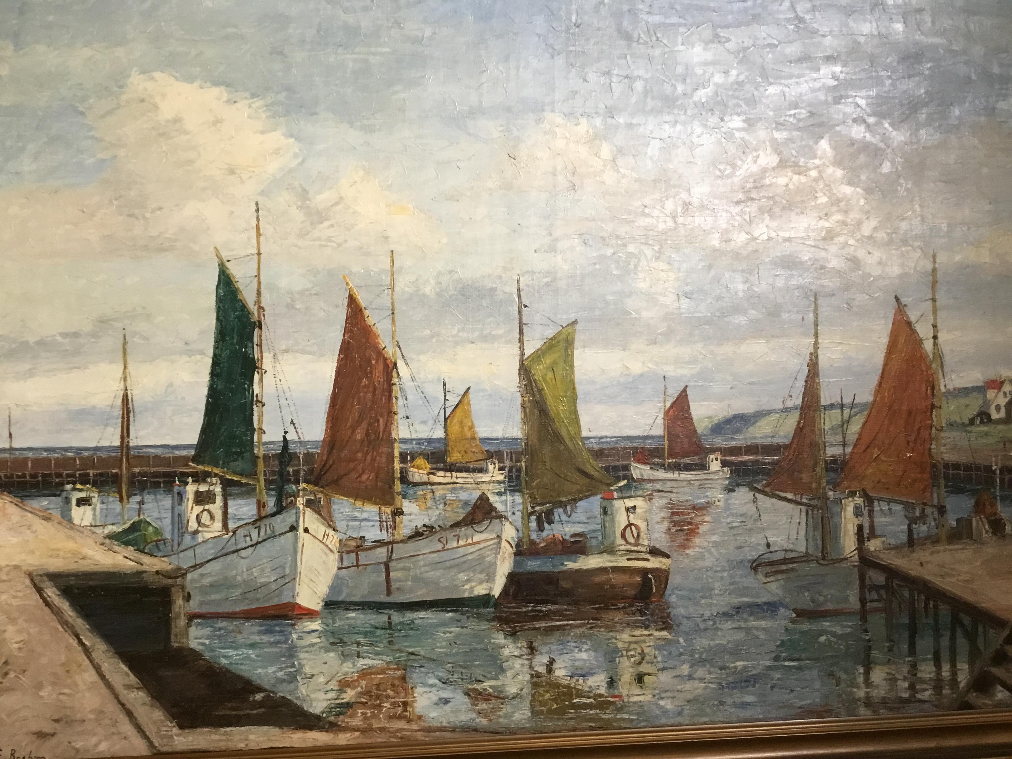 Deutscher Maler:: tätig um 1930 in München. Gut ausgeführt
Öl auf Leinwand Gemälde:: das einen Steg mit Fischerbooten darstellt
In Ruhe:: signiert unten links:: E. Brehm.
