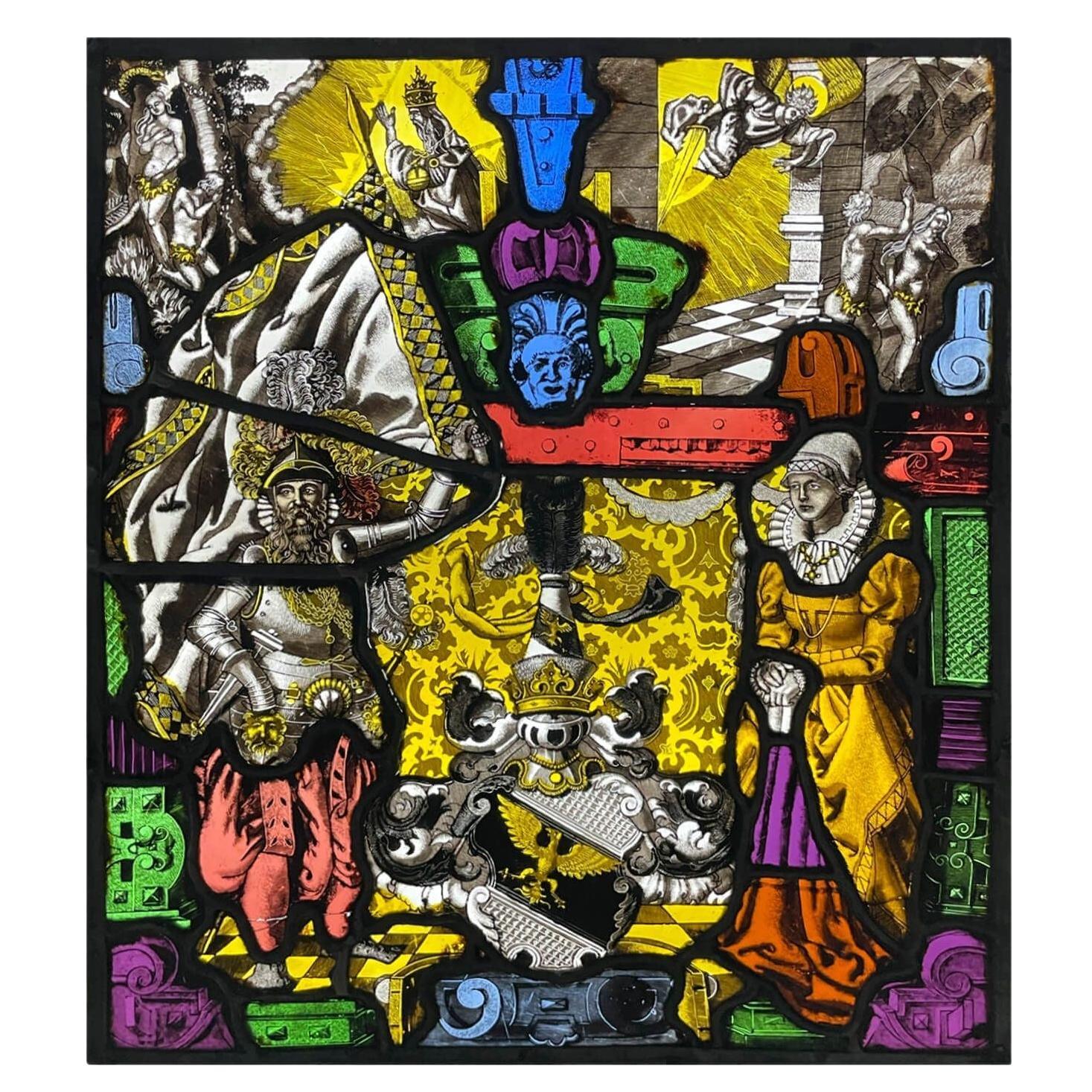 German Heraldic Ecclesiastical Antique Leaded Glass For Sale