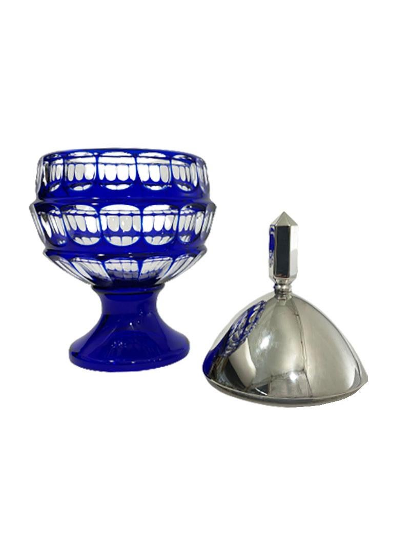 blue glass candy dish with lid