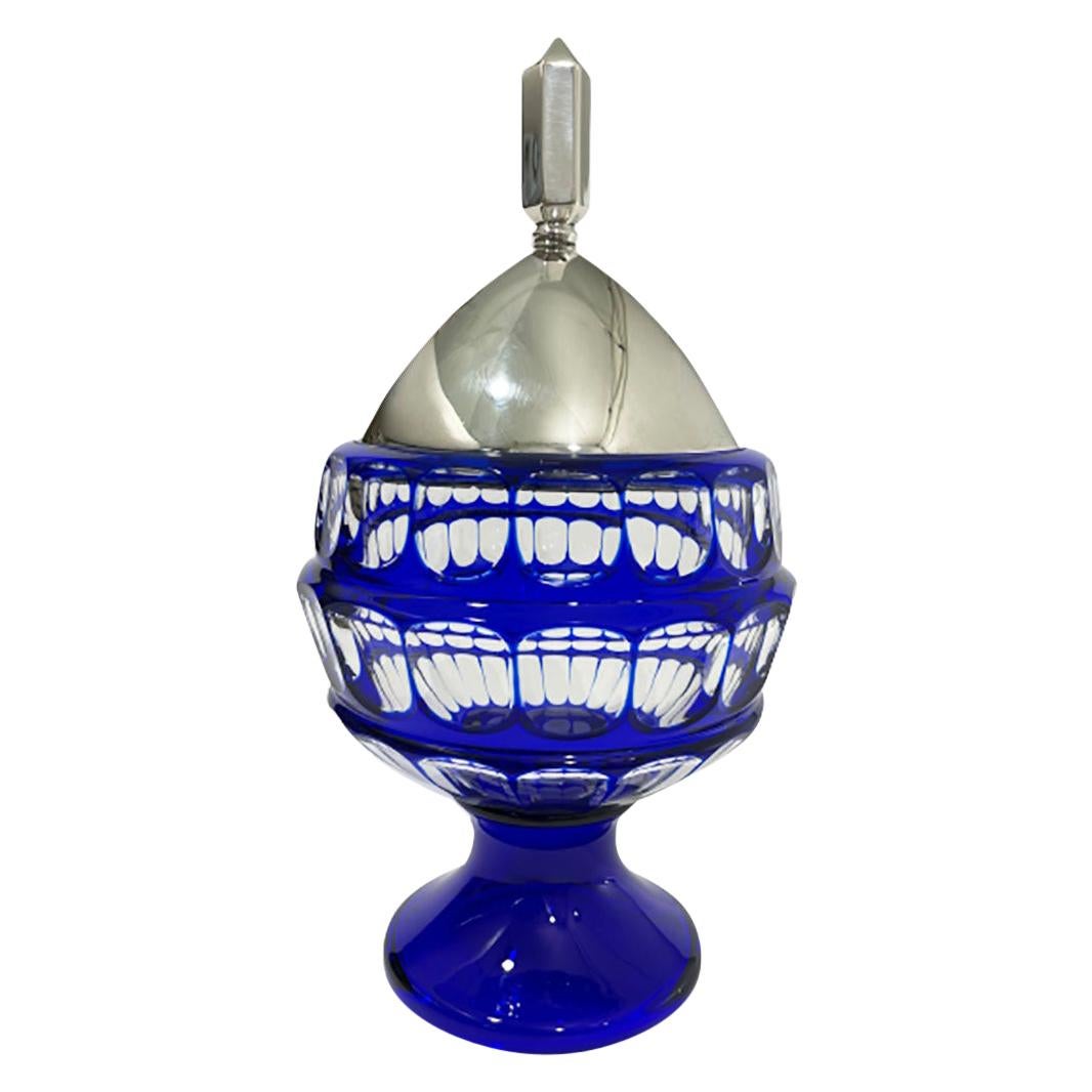 German Hermann Behrnd Blue Bohemian Crystal Bowl with Silver Lid, Dresden For Sale