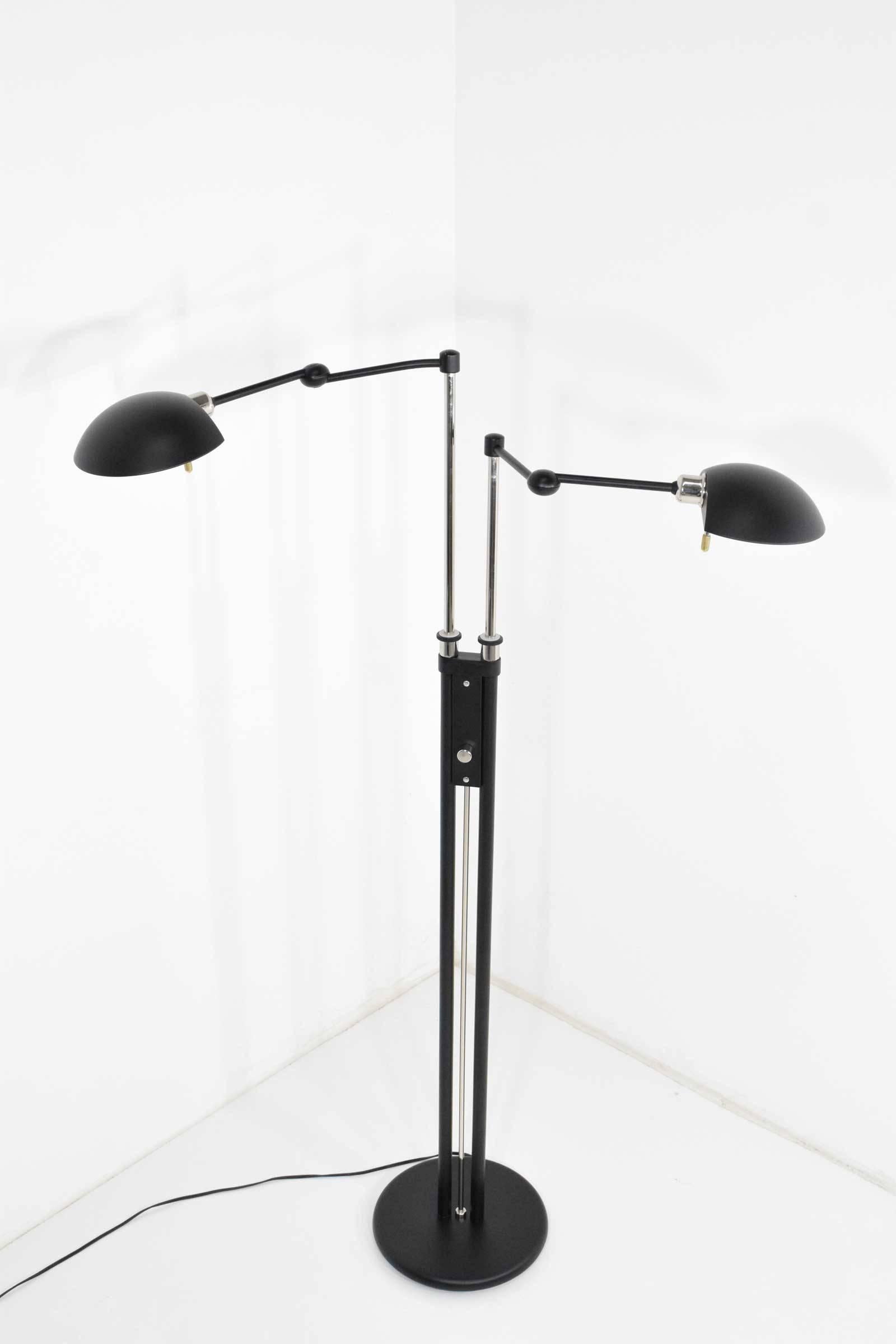 Form and function are fused into one. This twin-light swing lamp is the perfect solution for two light sources in one lamp. Both arms are independently adjustable and dimmable. Vertical adjustment of each arm from 40 to 57 inches with a maximum arm
