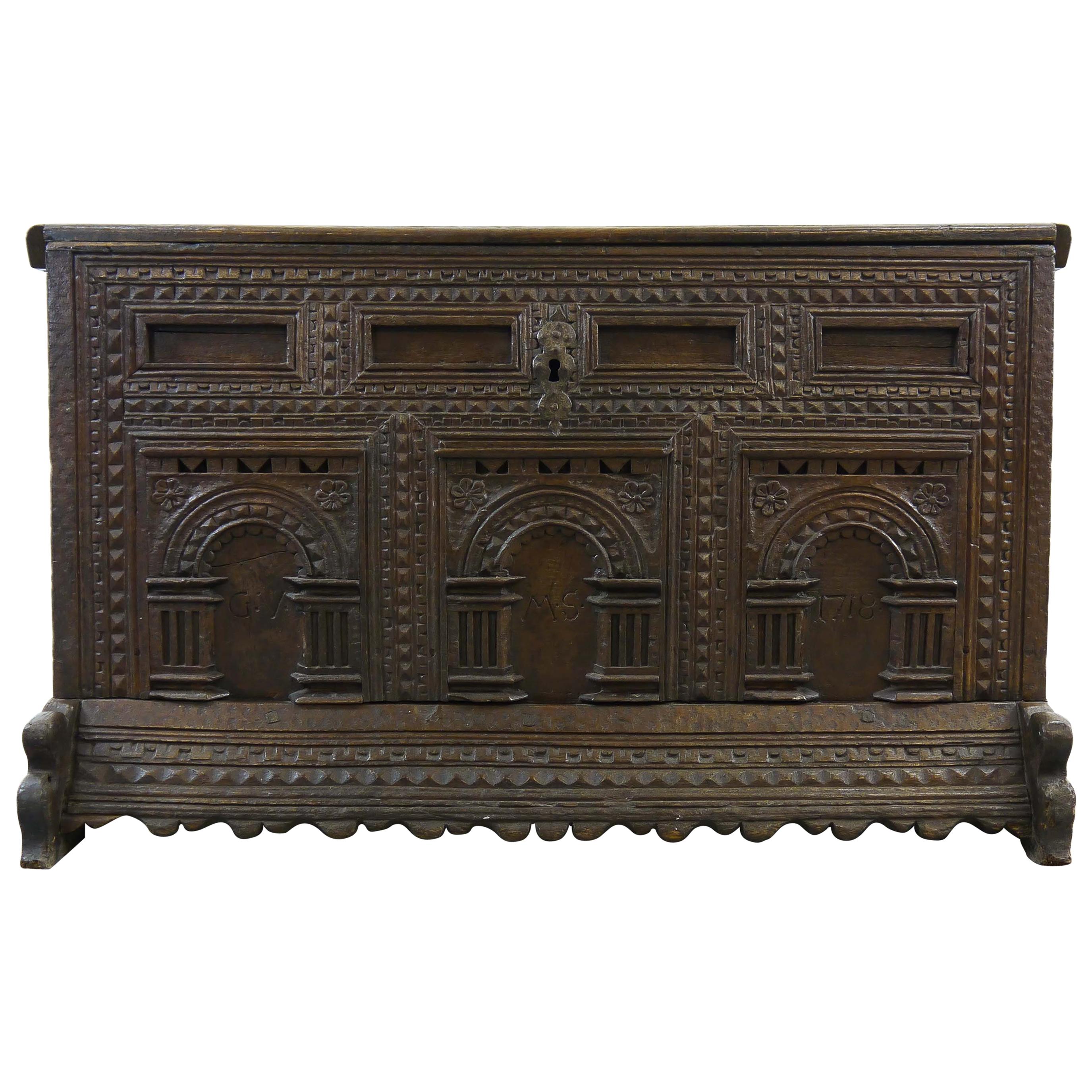 German Hope Chest or Dowry Chest, Carved Oak, Dated 1718, Baroque