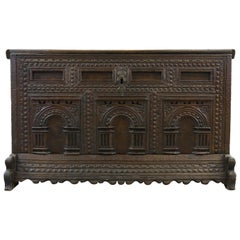 Antique German Hope Chest or Dowry Chest, Carved Oak, Dated 1718, Baroque