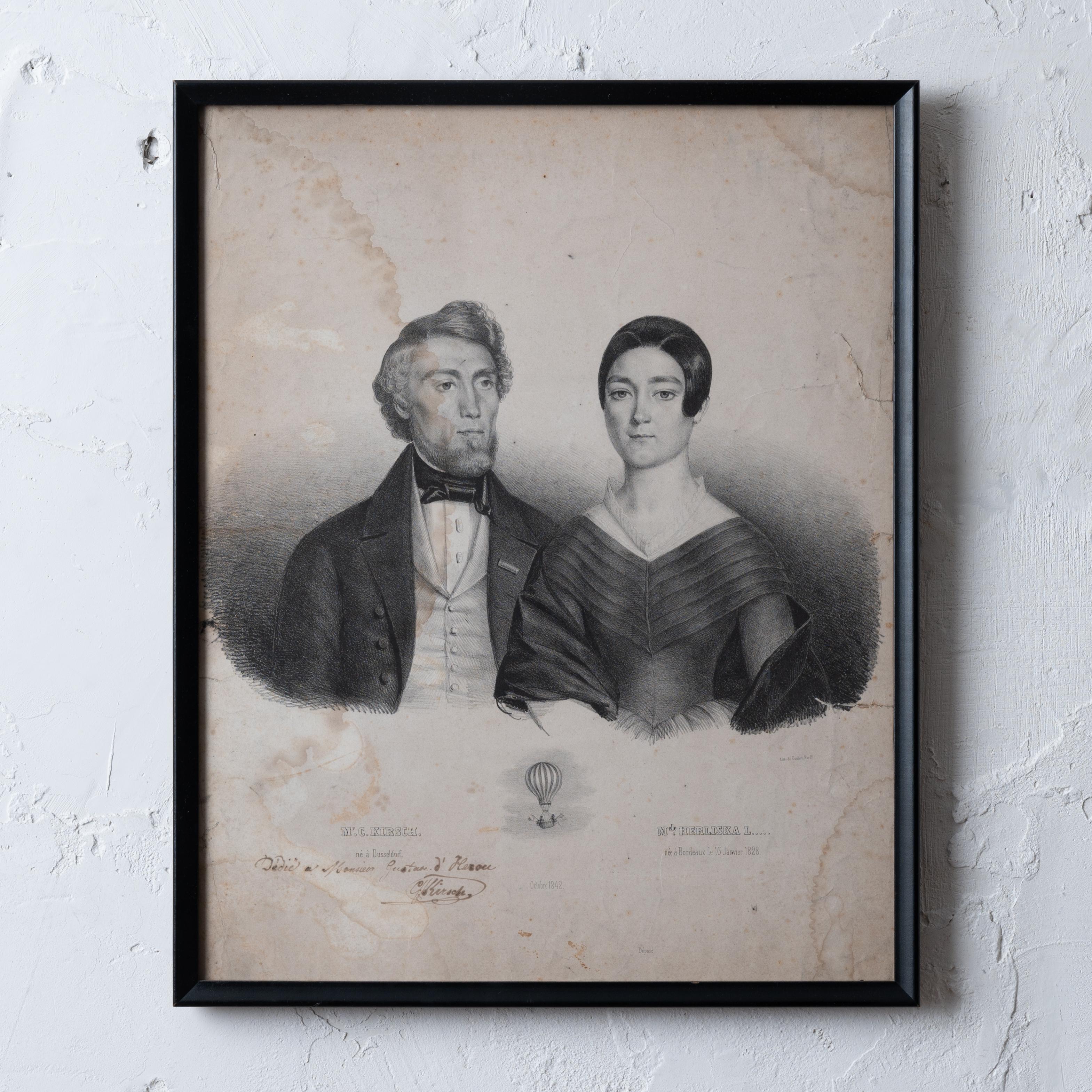 A lithograph portraying the balloonist Carl Kirsch of Dusseldorf and his assistant Mlle. Herliska L. de Bordeaux who ascended in his balloon in Bordeaux in October 1842.  It was common at the time for balloonist to take on young female assistants to