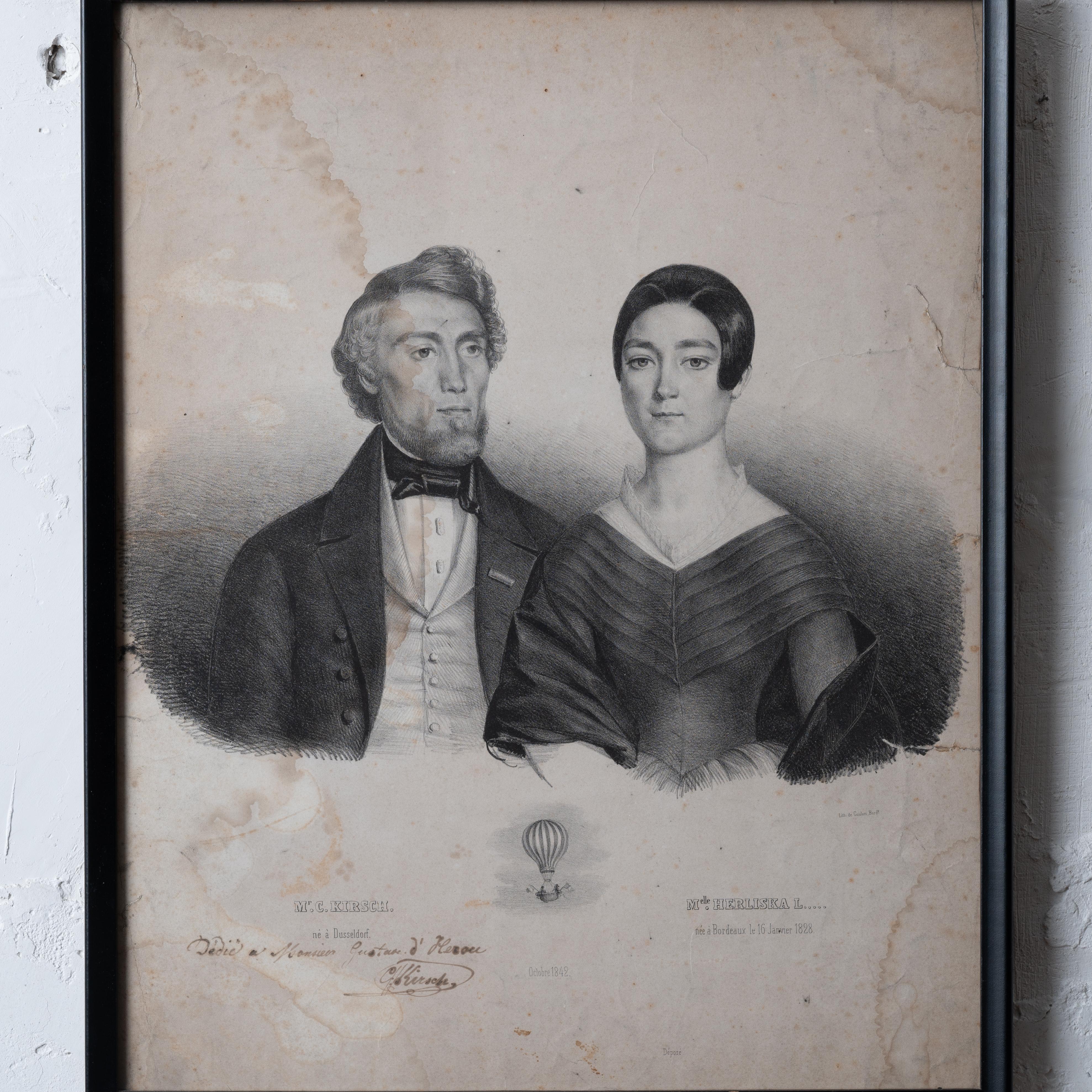 Mid-19th Century German Hot Air Balloonist Lithograph, c.1840s For Sale