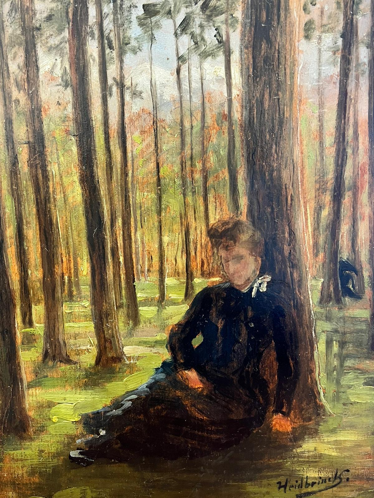 Seated Lady under Tree in Woodland Antique Signed Oil - Painting by German Impressionist 