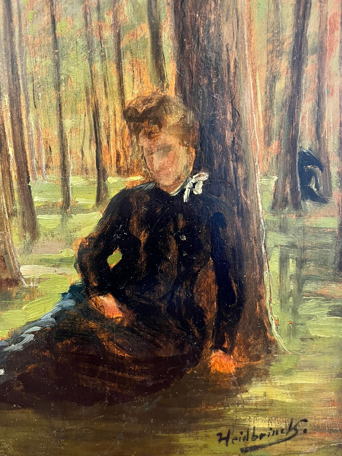 Seated Lady under Tree in Woodland Antique Signed Oil - Impressionist Painting by German Impressionist 