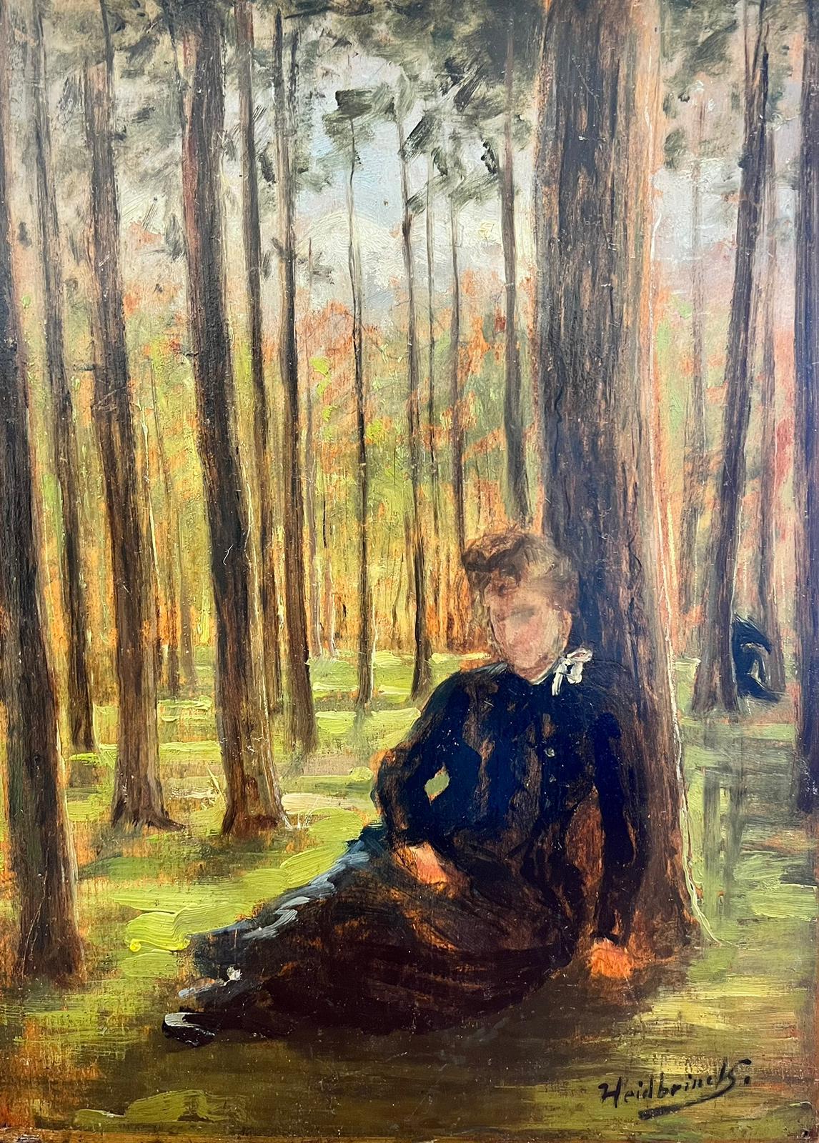 German Impressionist  Landscape Painting - Seated Lady under Tree in Woodland Antique Signed Oil