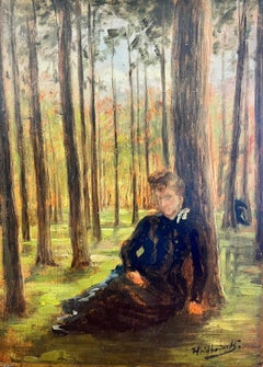 Sitzende Dame unter Baum in Holzholz, antik, signiert, Öl