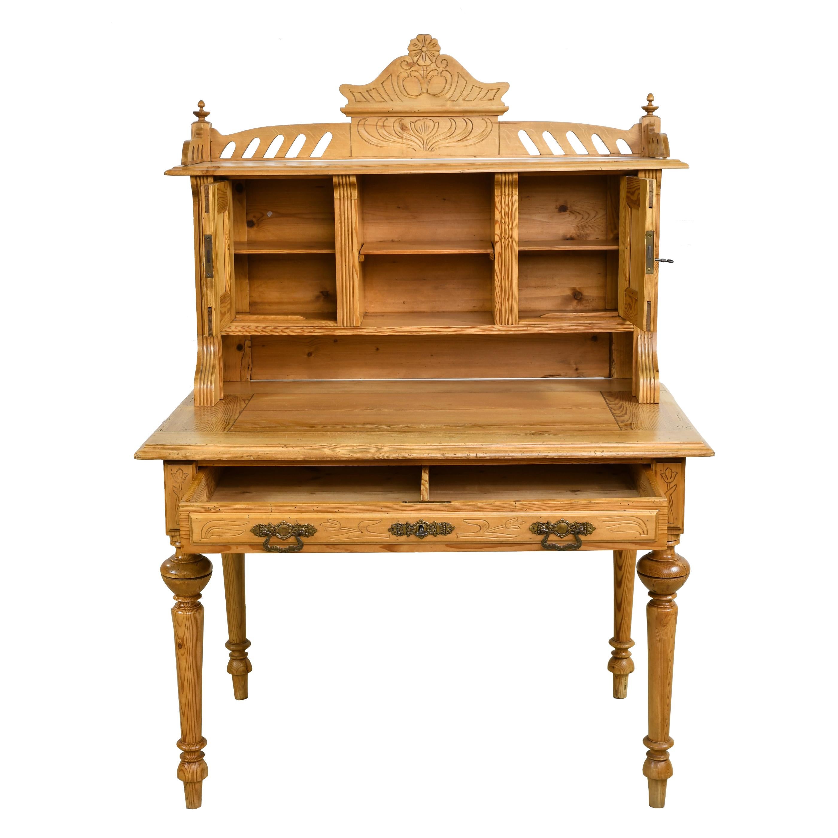 Antique 19th Century German Jugendstil/ Art Nouveau Writing Desk in Pine For Sale 1