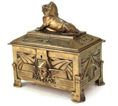 German Jugendstil Bronze Jewelry Box or Casket with Lion Guardian Lid