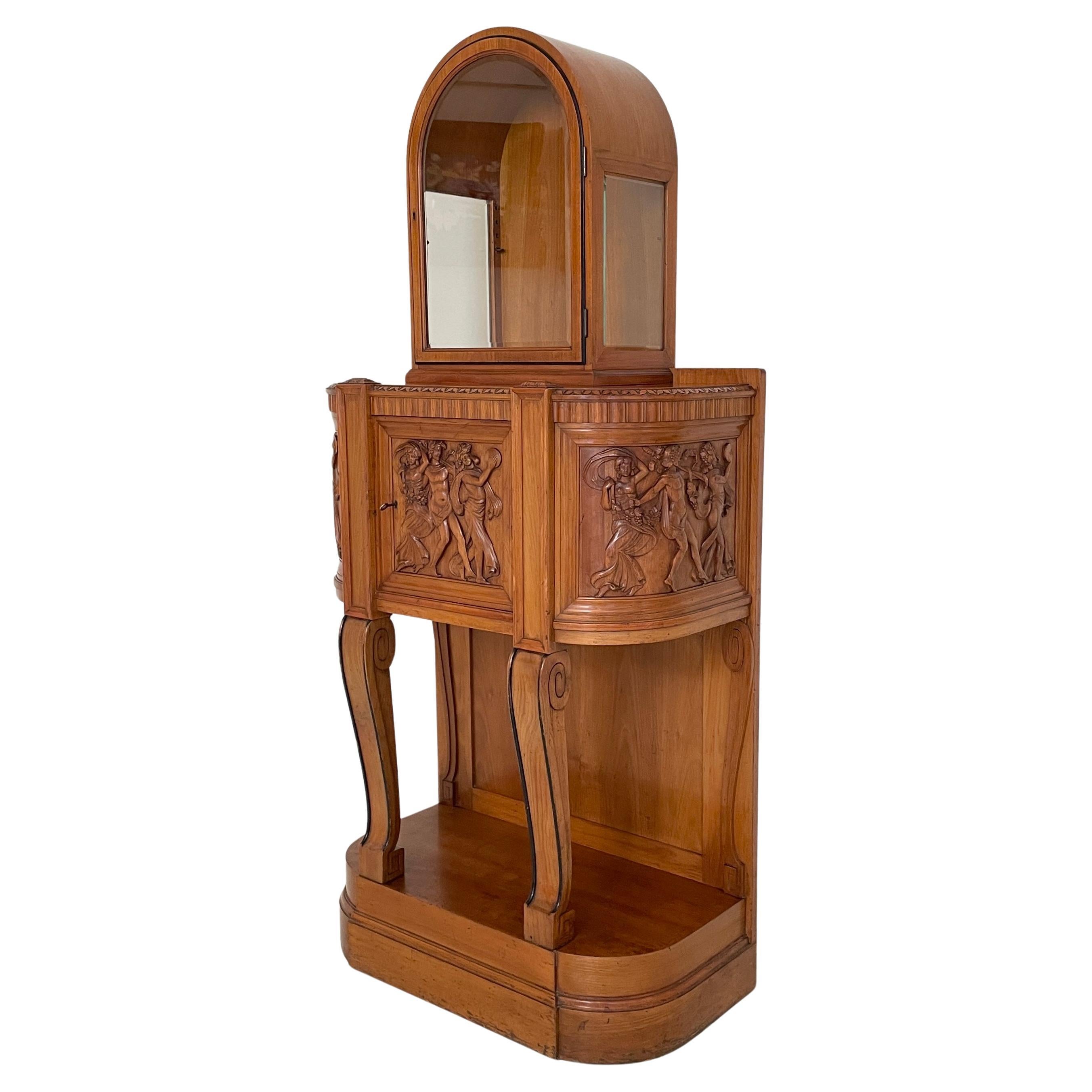 German Jugendstil Cabinet in Carved Cherry-Wood and Glass, Otto Gussmann, 1905