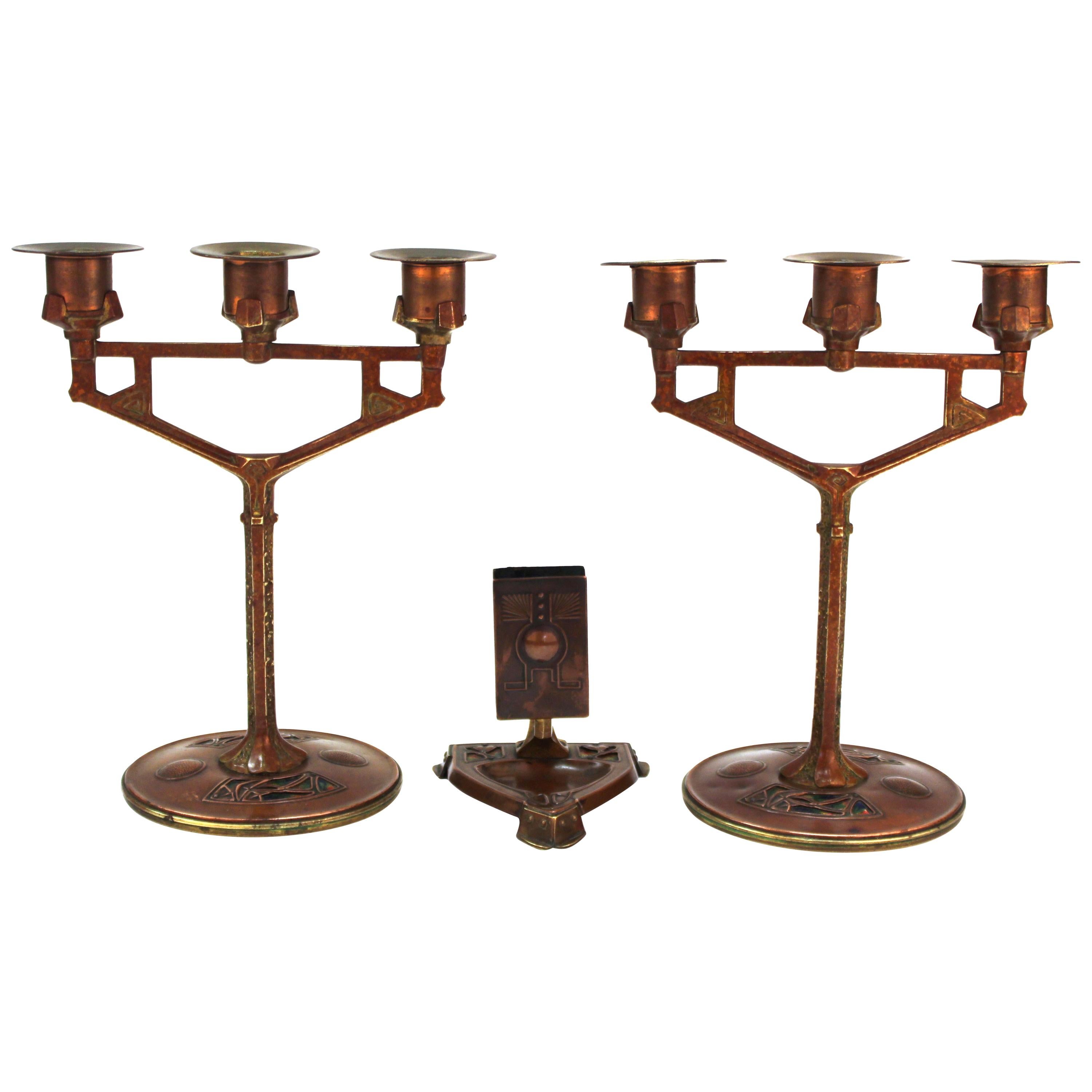 German Jugendstil Enamel Candelabras and Match-Safe For Sale