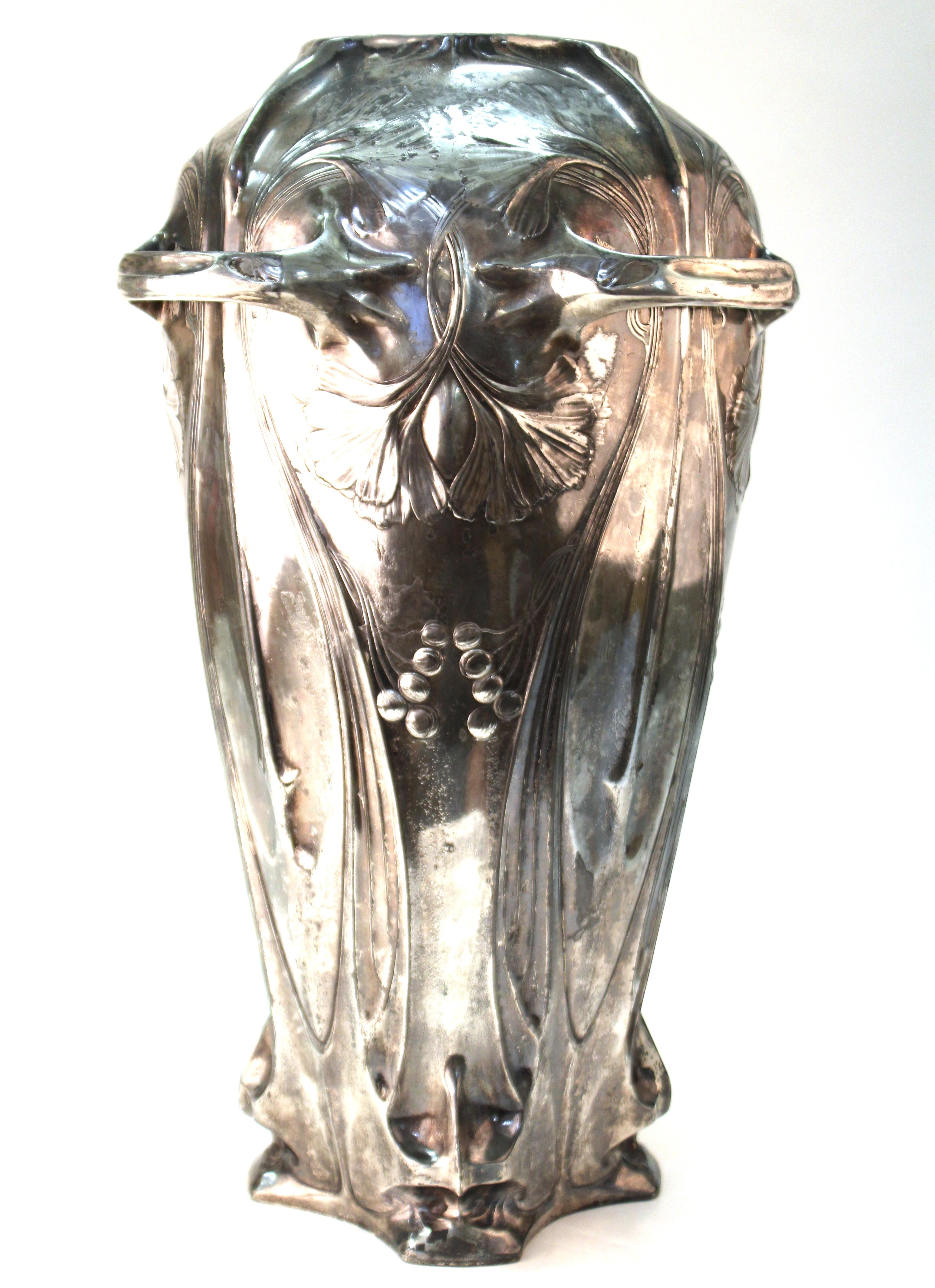 German Jugendstil Monumental Silvered Brass Vase In Good Condition In New York, NY