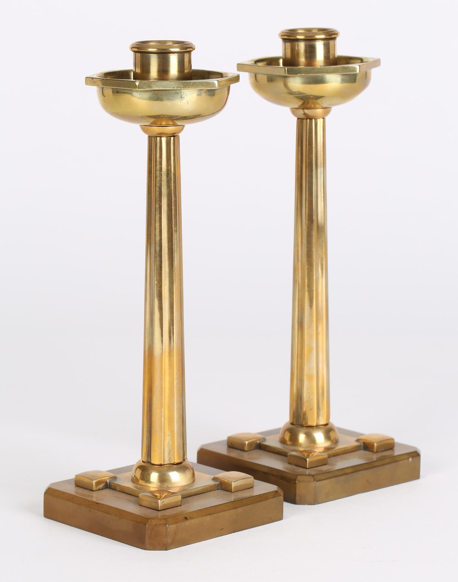 German Jugendstil Pair Bakelite Mounted Polished Brass Candlesticks For Sale 6