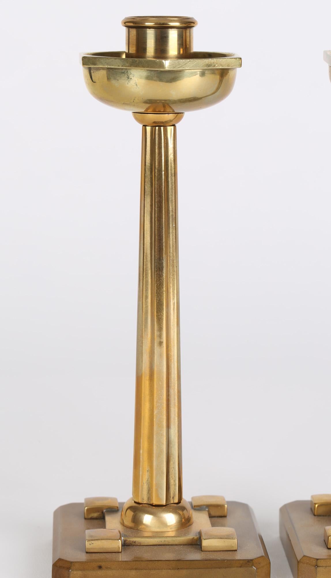 German Jugendstil Pair Bakelite Mounted Polished Brass Candlesticks For Sale 8
