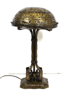 German Jugendstil Repousse Brass and Bronze Table Lamp Attributed to Oscar Bach